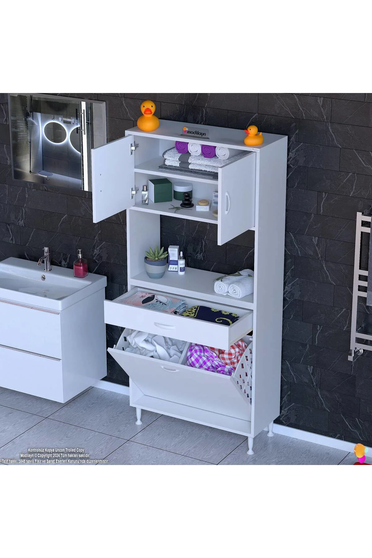Seris Sepetli ve Çekmeceli Banyo Dolabı G:70 cm Çok Amaçlı Beyaz 