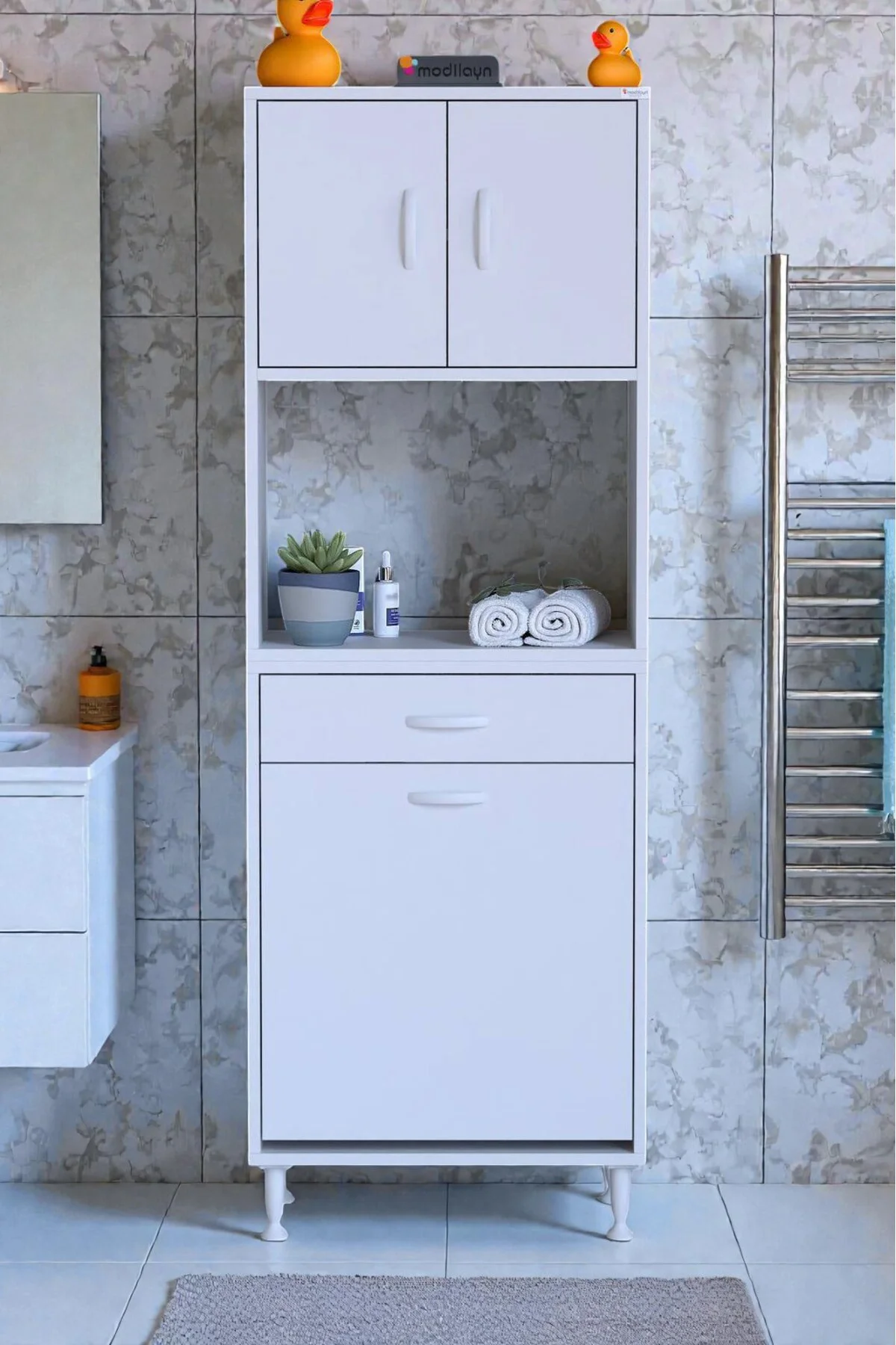 Seris Sepetli ve Çekmeceli Banyo Dolabı G:60 cm Çok Amaçlı Beyaz 