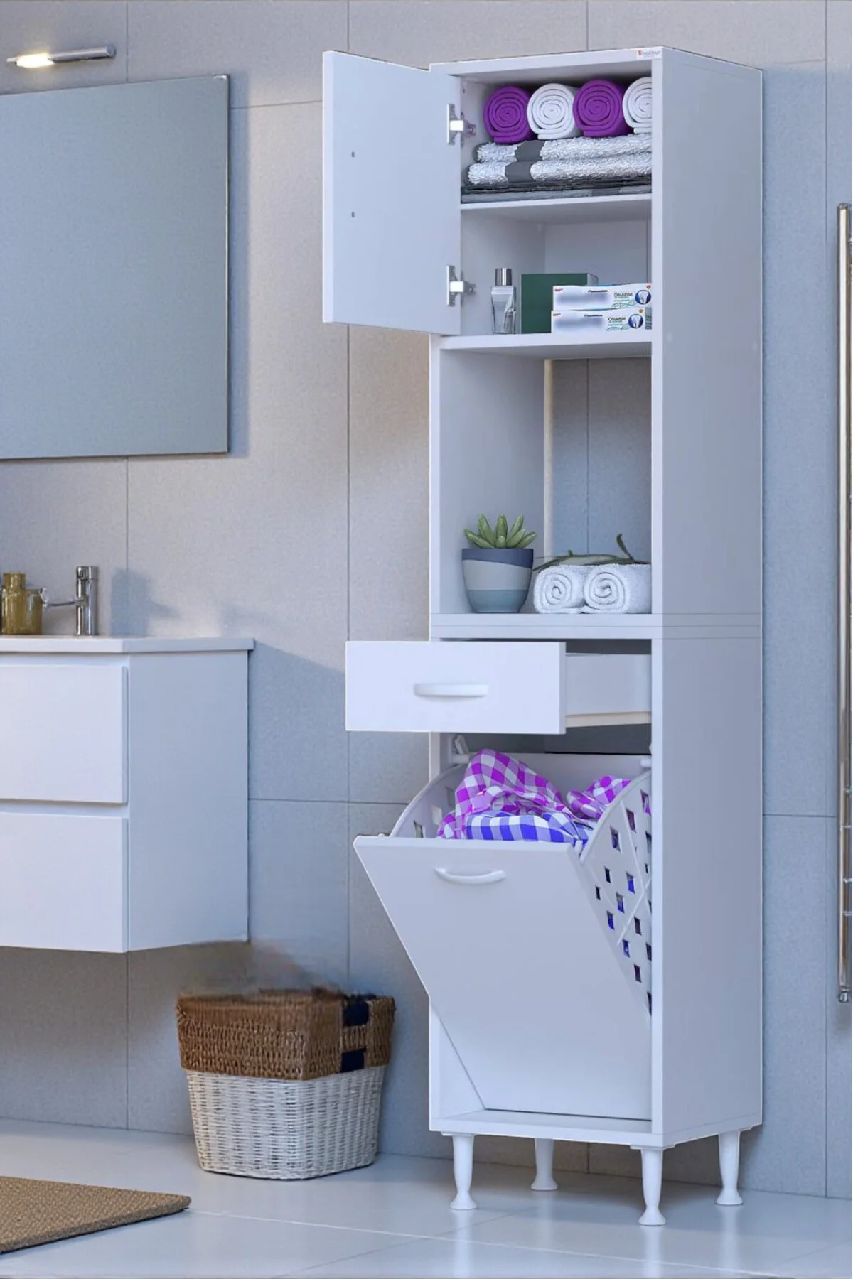 Seris Sepetli ve Çekmeceli Banyo Dolabı G:40 cm Çok Amaçlı Beyaz 