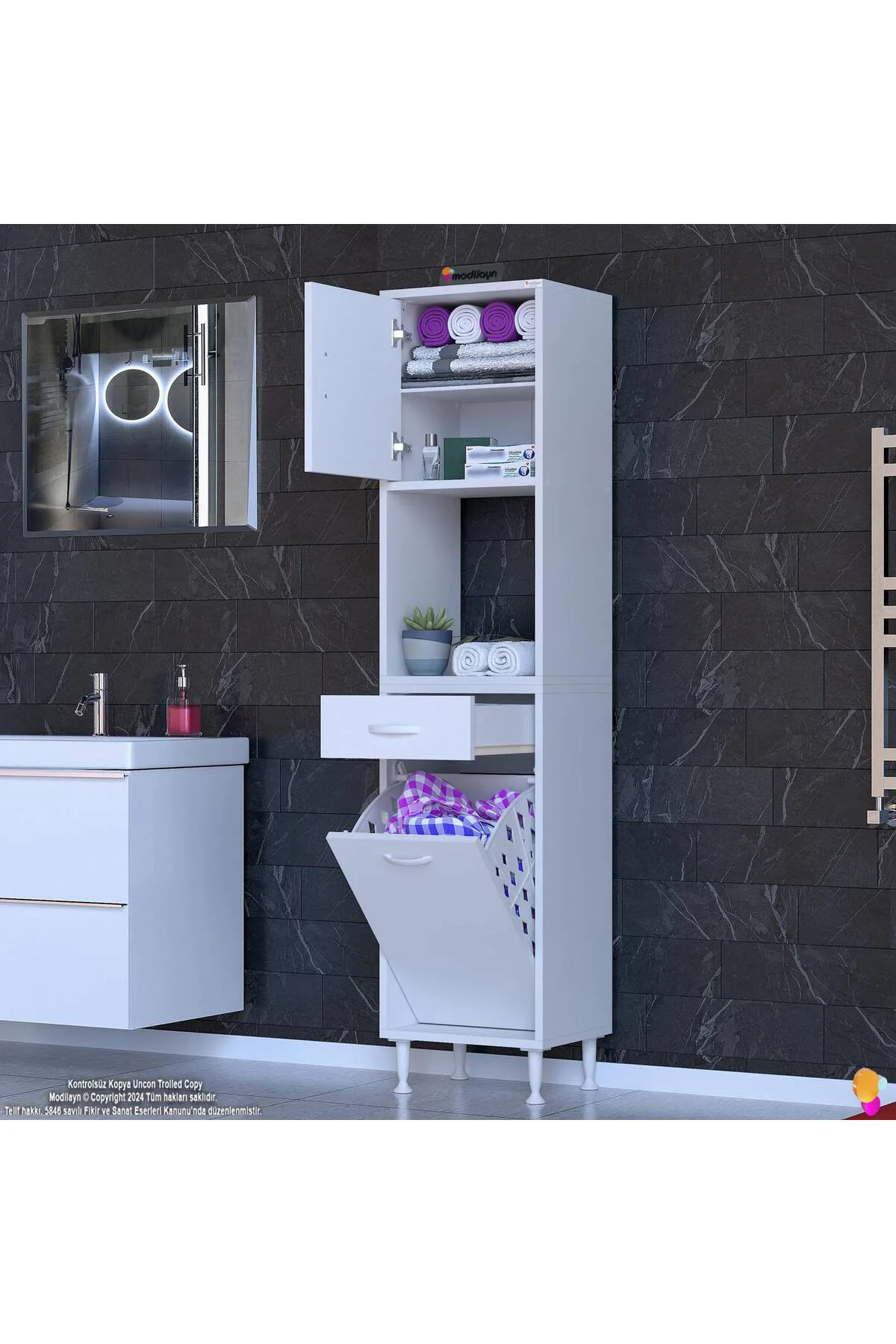 Seris Sepetli ve Çekmeceli Banyo Dolabı G:40 cm Çok Amaçlı Beyaz 