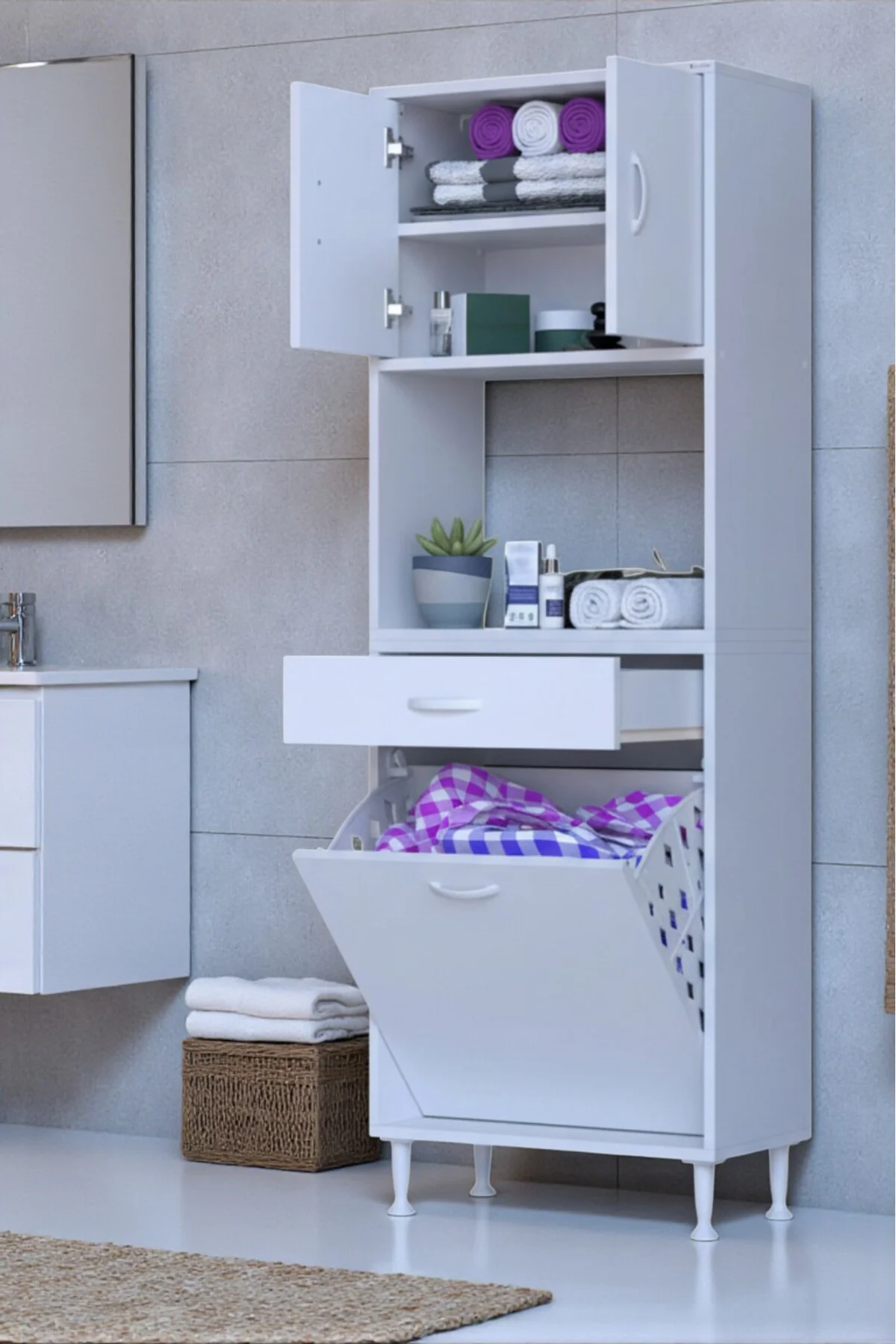 Seris Sepetli ve Çekmeceli Banyo Dolabı G:55 cm Çok Amaçlı Beyaz 