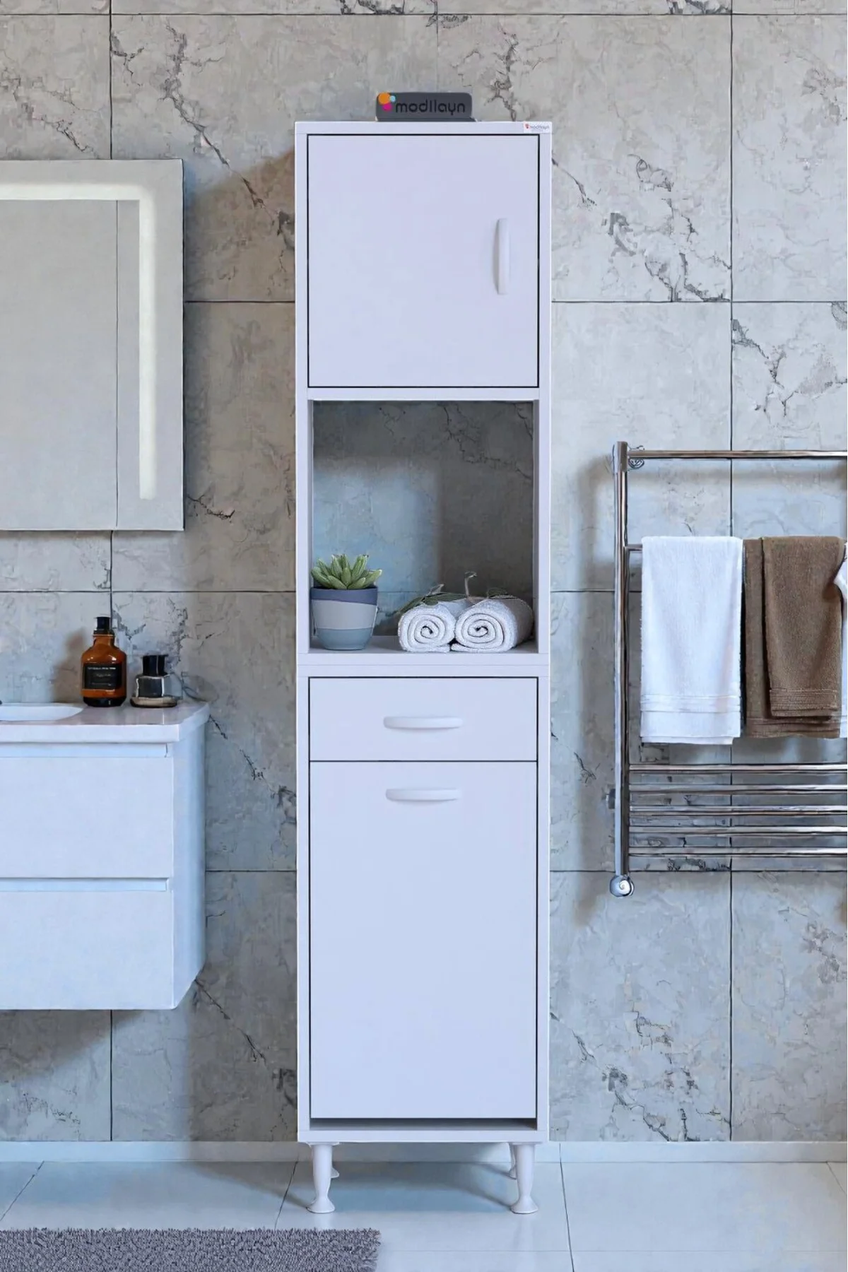 Seris Sepetli ve Çekmeceli Banyo Dolabı G:45 cm Çok Amaçlı Beyaz 