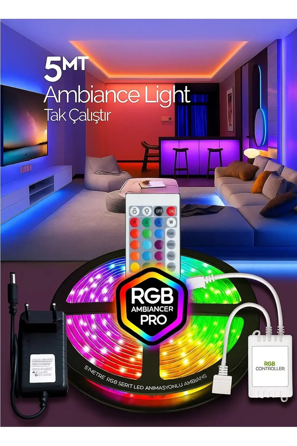 Şerit Led 5 Metre Animasyonlu Tak Çalıştır Kumandalı Trafolu Rgb