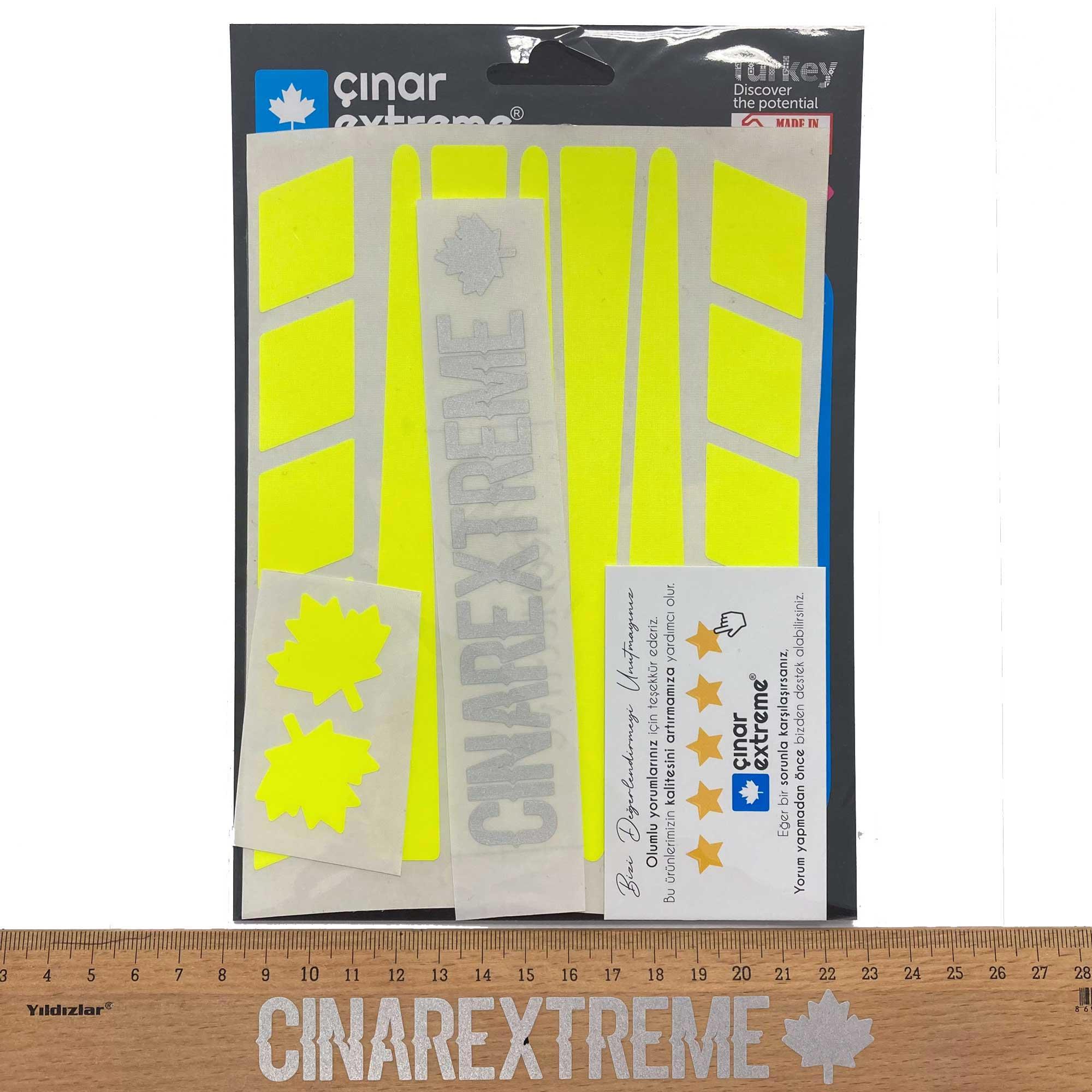 Çınar Extreme Şerit Tasarımlı Floresan Sarı Motosiklet Kask Sticker Çınar Extre