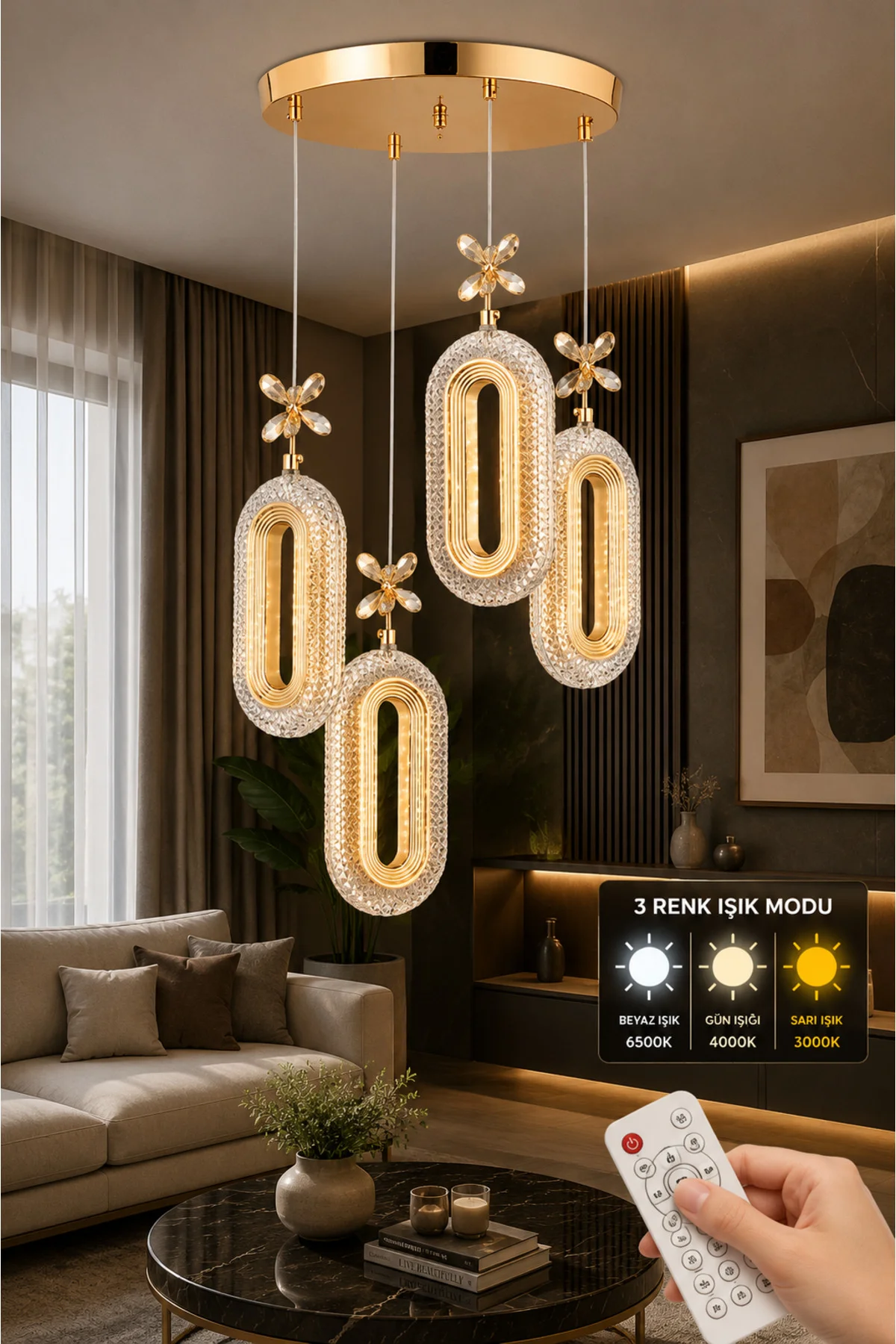 SERRA Model 4'lü Gold 3 Renk Modu Ledli Modern Salon Mutfak Oturma Odası Led Avize