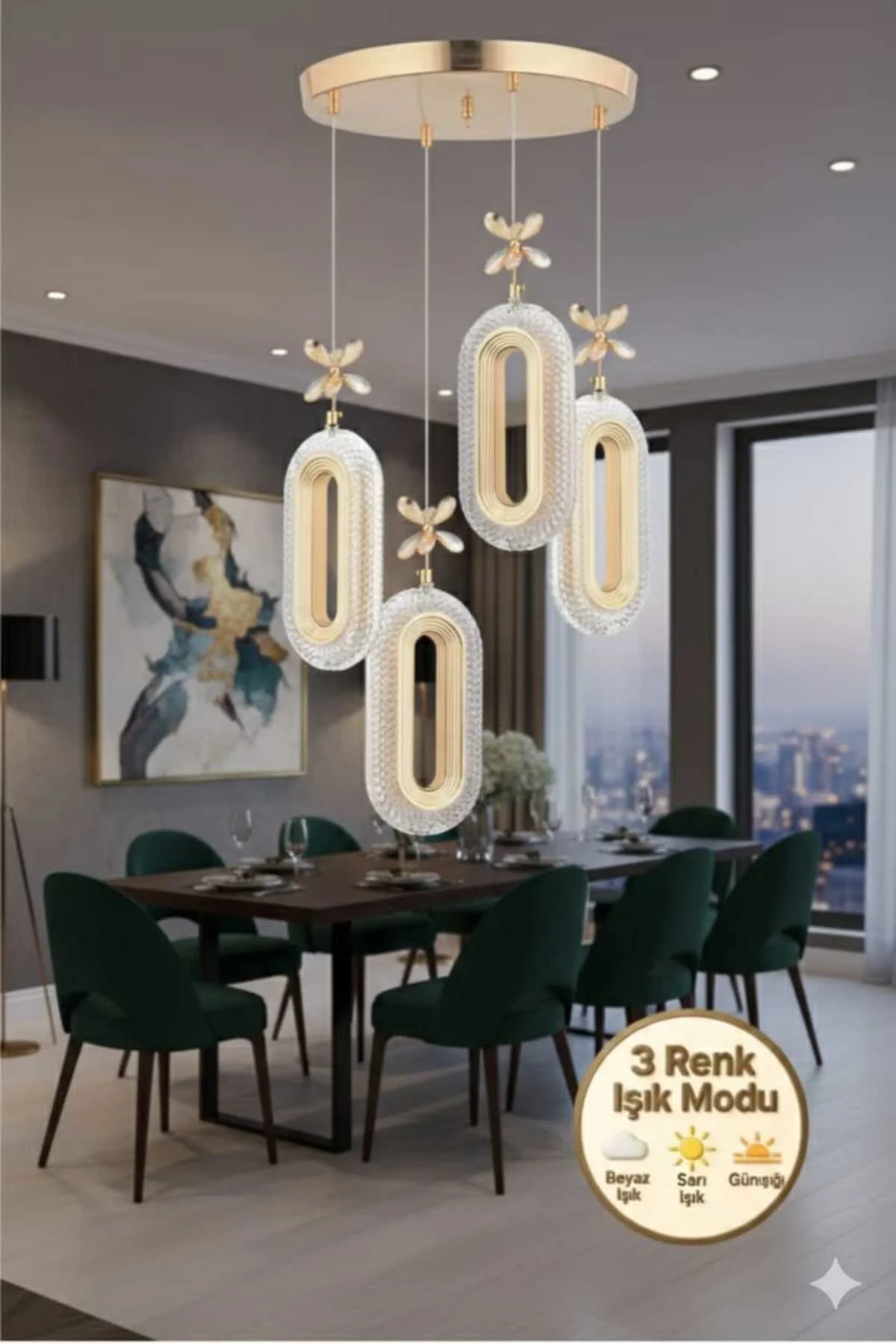 SERRA Model 4'lü Gold 3 Renk Modu Ledli Modern Salon Mutfak Oturma Odası Led Avize