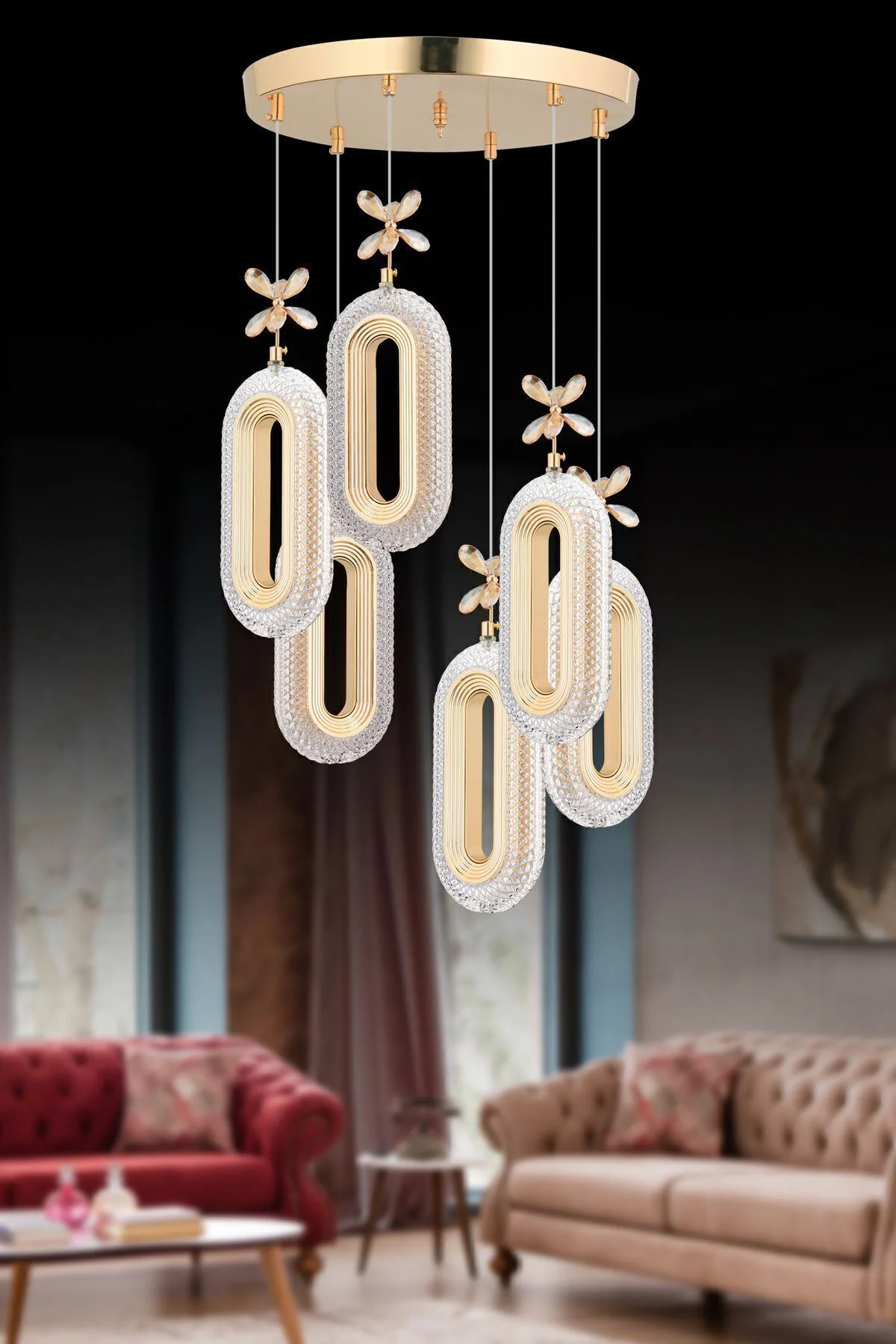 SERRA Model 6'lı Gold 3 Renk Modu Ledli Modern Salon Mutfak Oturma Odası Led Avize