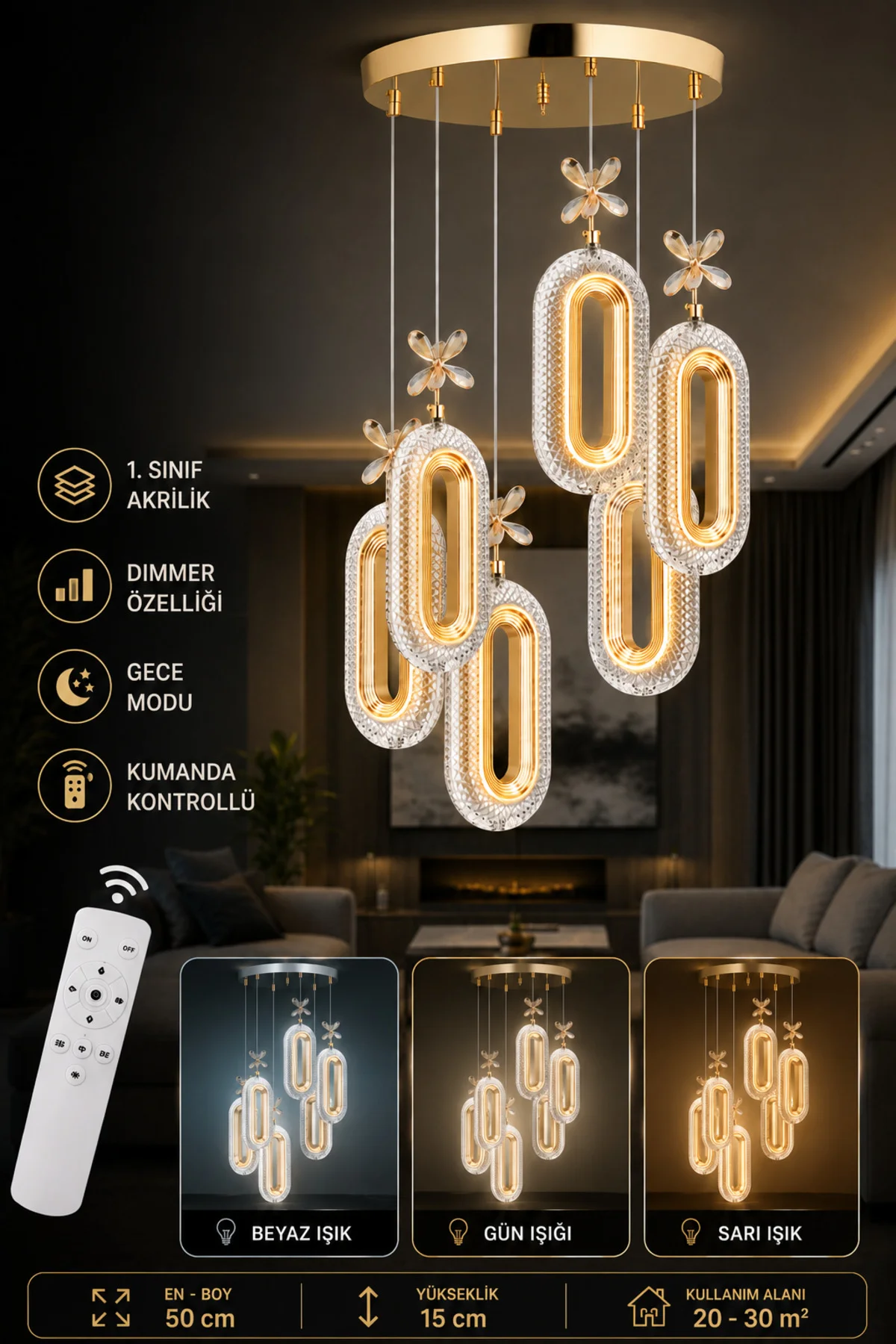 SERRA Model 6'lı Gold 3 Renk Modu Ledli Modern Salon Mutfak Oturma Odası Led Avize