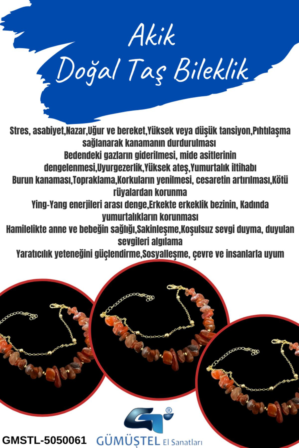 Sertifikalı Akik Doğal Taş Bileklik Özel Tasarım