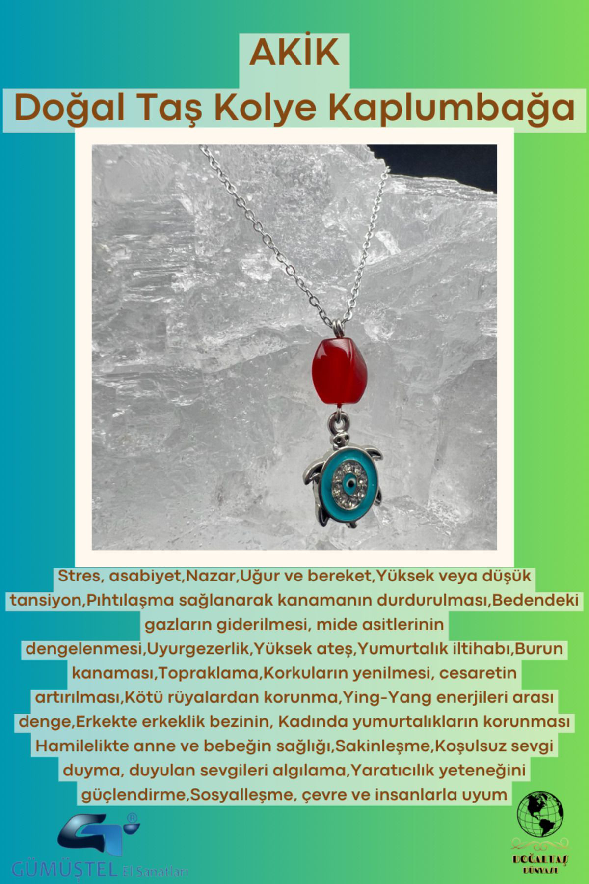 Sertifikalı Akik Doğal Taş Tasarım Kolye El Yapımı Turkuaz Kaplum