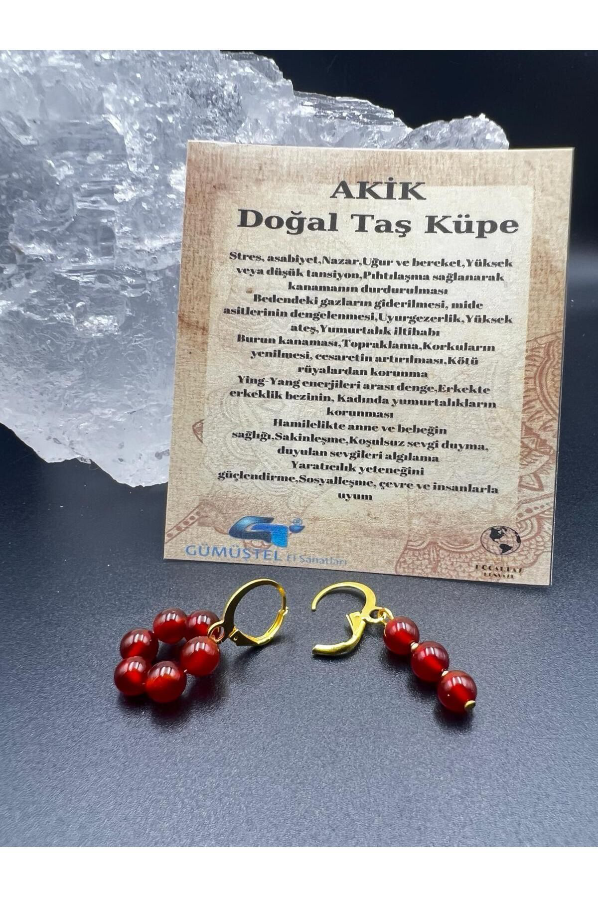 Gümüştel El Sanatlari Sertifikali Akik Doğal Taş Tasarim Küpe