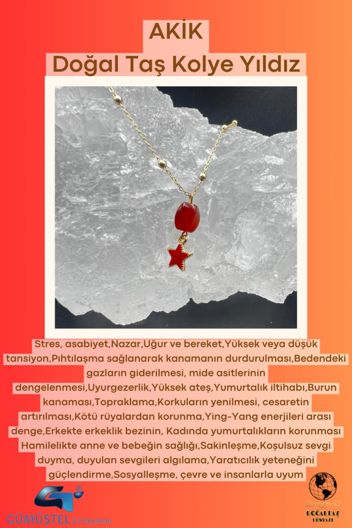 Sertifikalı Akik Doğal Taş Tasarım Kolye El Yapımı Kırmızı Yıldız