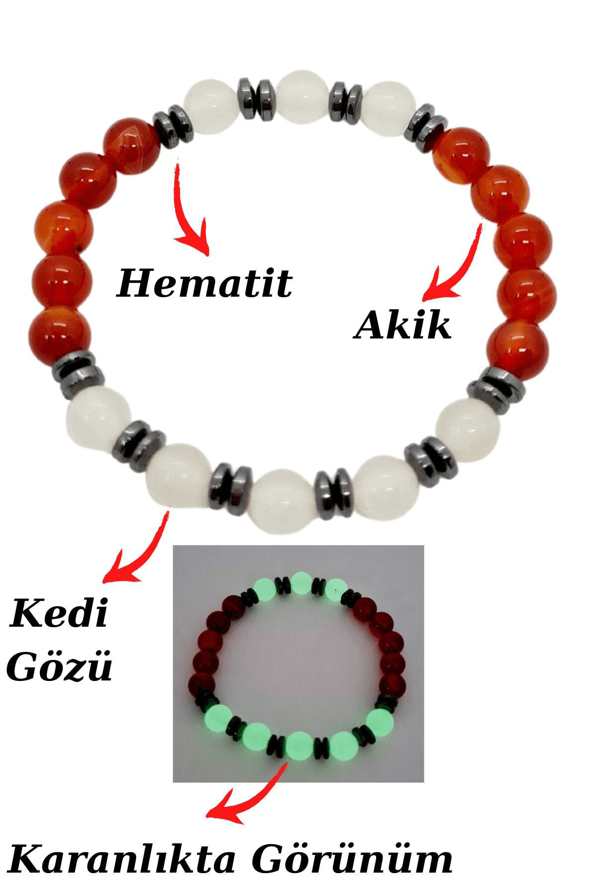 Sertifikalı Akik Kedi Gözü Hematit Doğal Taş Bileklik Karanlıkta 