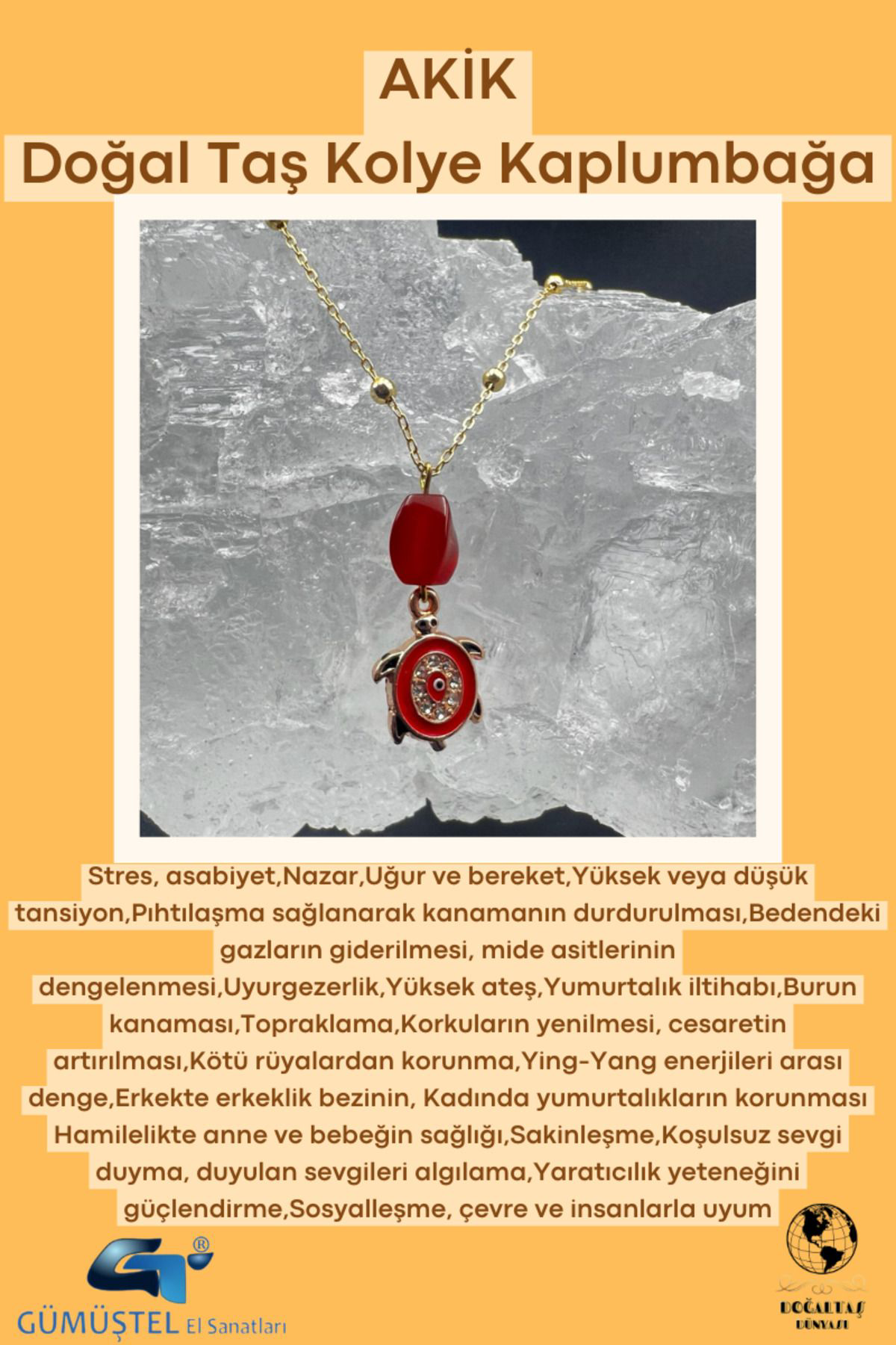 Sertifikalı Akik Doğal Taş Tasarım Kolye El Yapımı Kırmızı Kaplum