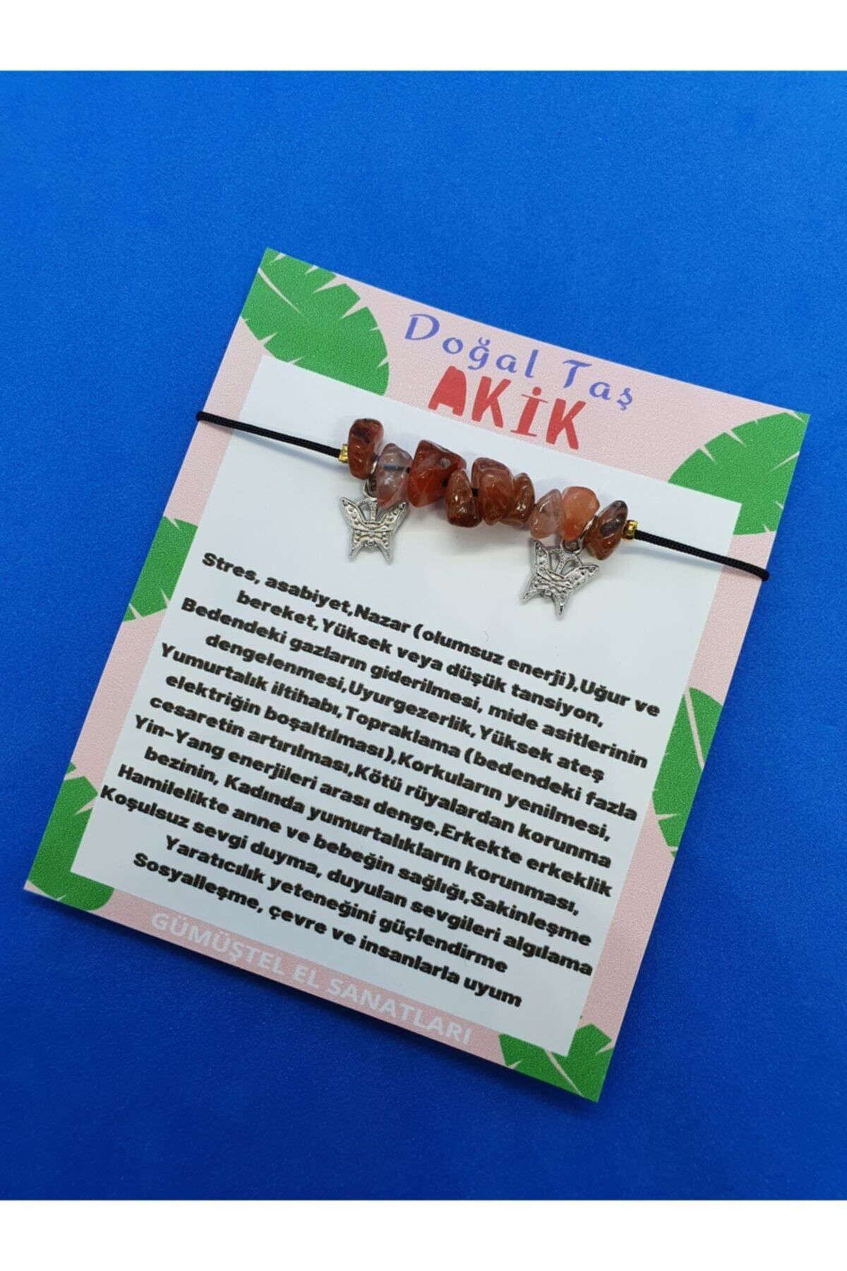 Gümüştel El Sanatlari Sertifikali Akik Doğal Taş Bileklik Kelebek Detayli Orijinal Doğa