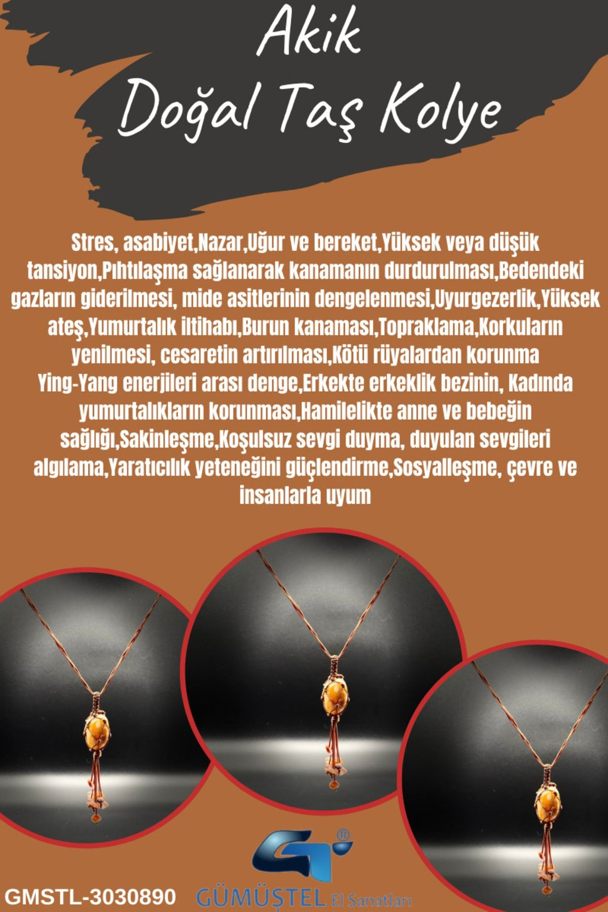 Sertifikalı Akik Doğal Taş Tasarım Kolye El Yapımı Örgü Model Aaa