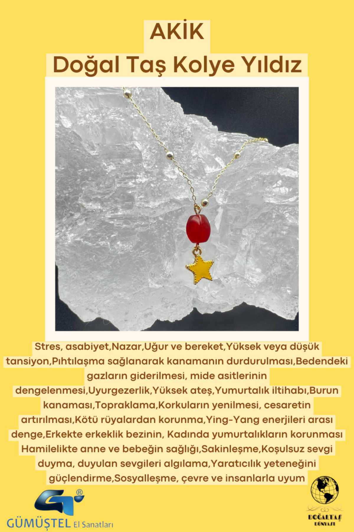 Sertifikalı Akik Doğal Taş Tasarım Kolye El Yapımı Sarı Yıldız Ob