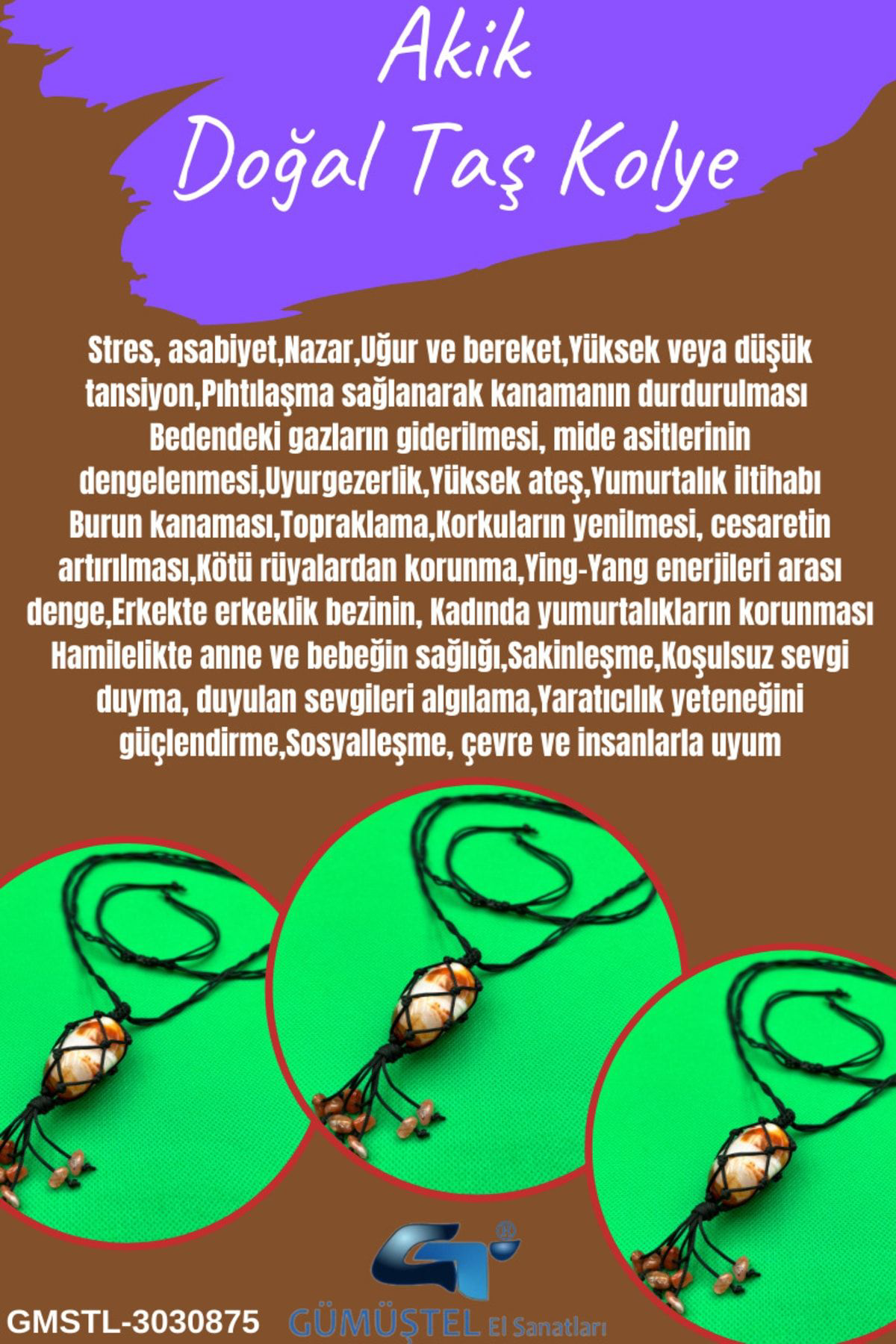 Gümüştel El Sanatlari Sertifikali Akik Doğal Taş Tasarim Kolye El Yapimi Örgü Model Aaa