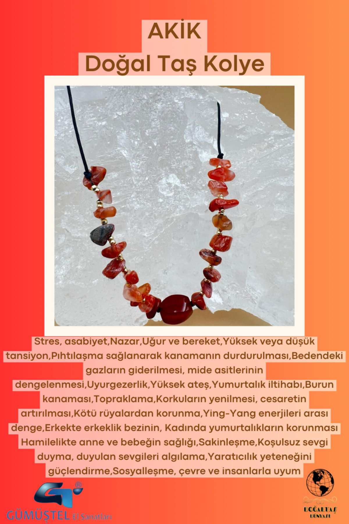 Gümüştel El Sanatlari Sertifikali Akik Doğal Taş Tasarim Kolye