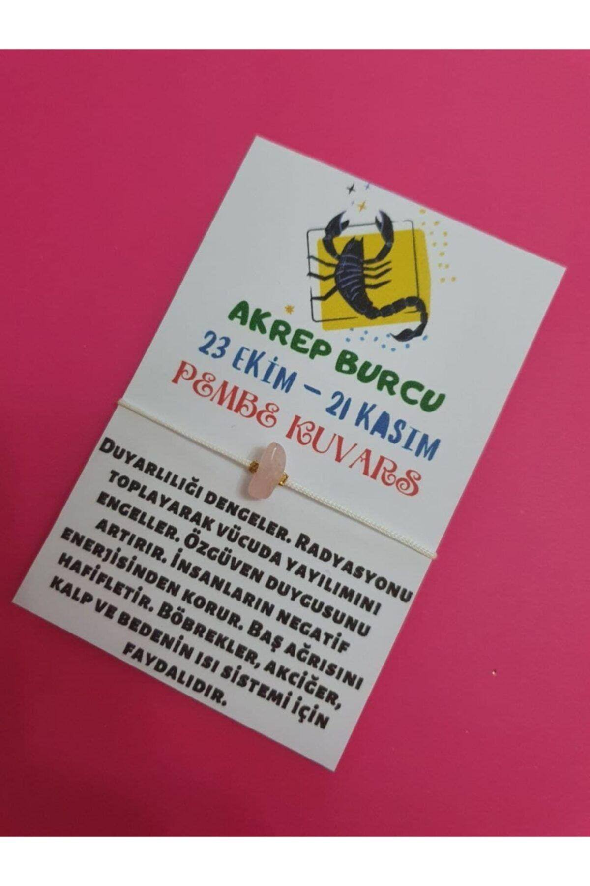Sertifikalı Akrep Burcu Pembe Kuvars Doğal Taşlı Ip Burç Bilekliğ