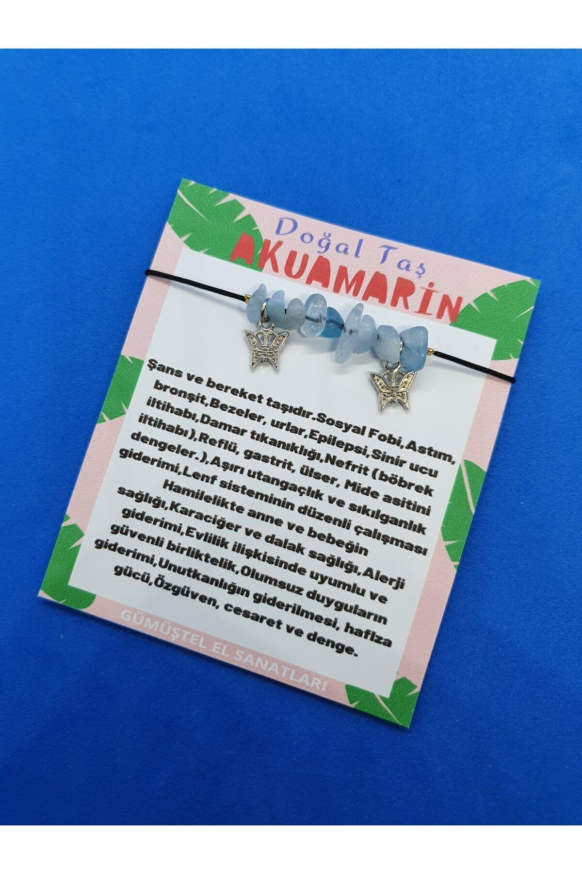 Sertifikalı Akuamarin Doğal Taş Bileklik Kelebek Detaylı Orijinal