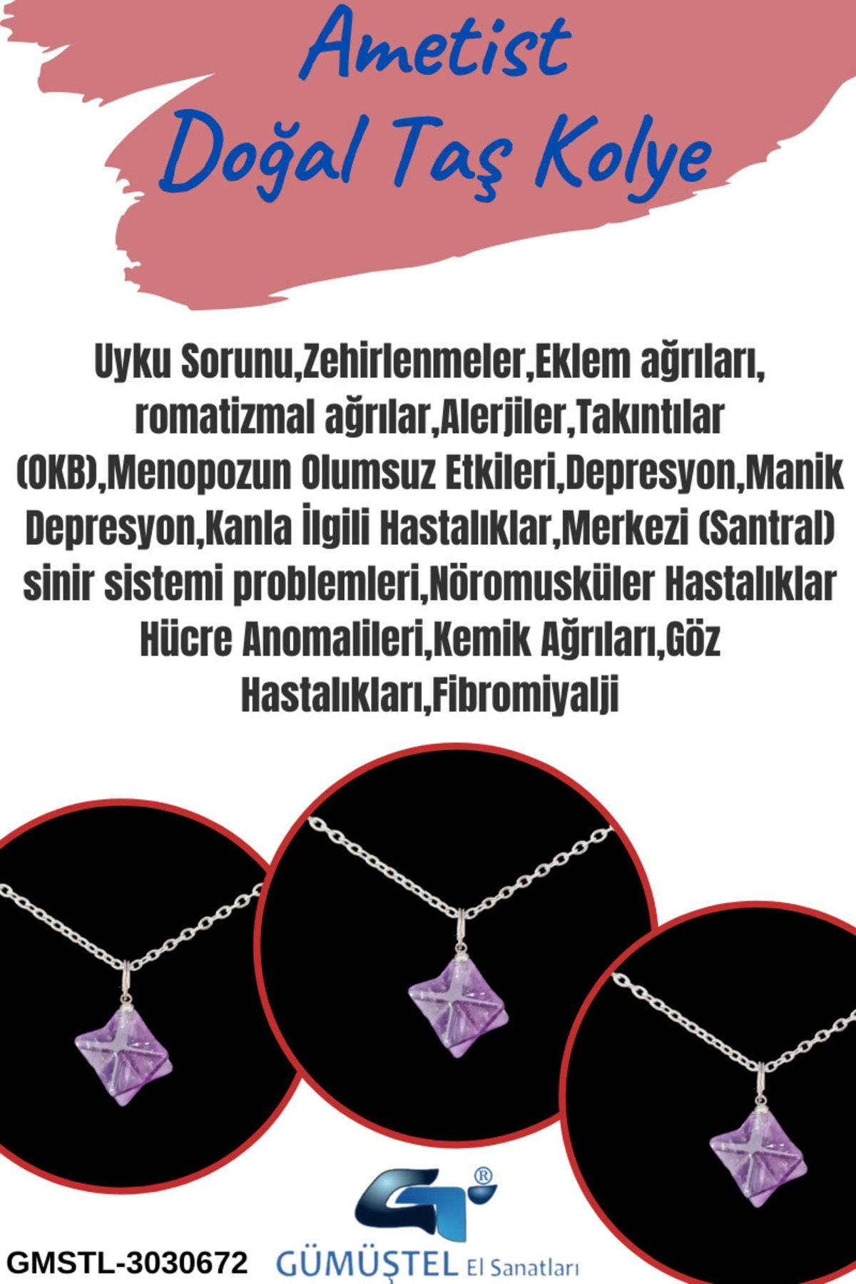 Sertifikalı Ametist Doğal Taş Kolye Özel Kesim