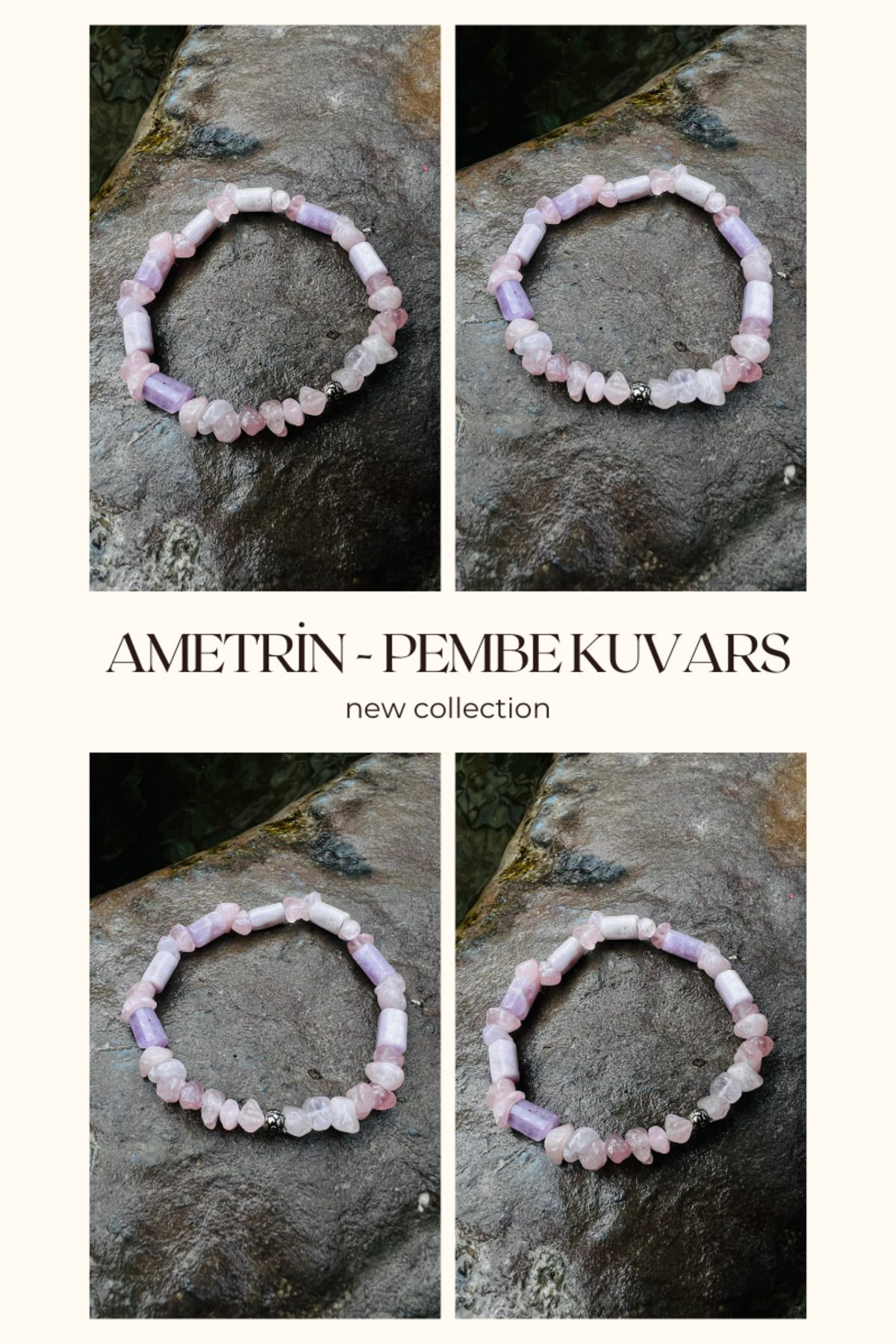 Sertifikalı Ametrin & Pembe Kuvars Tasarım Bileklik Orijinal Doğa