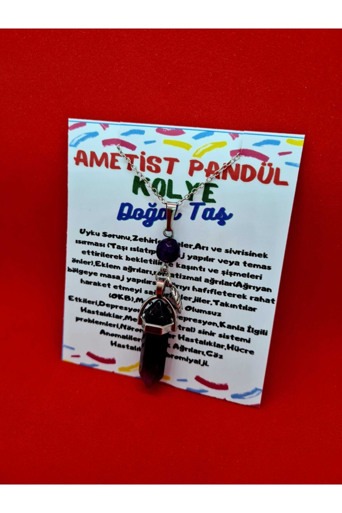 Sertifikalı Ametist Taşı Pandül Kolye Doğal Taş Özel Tasarım Mode