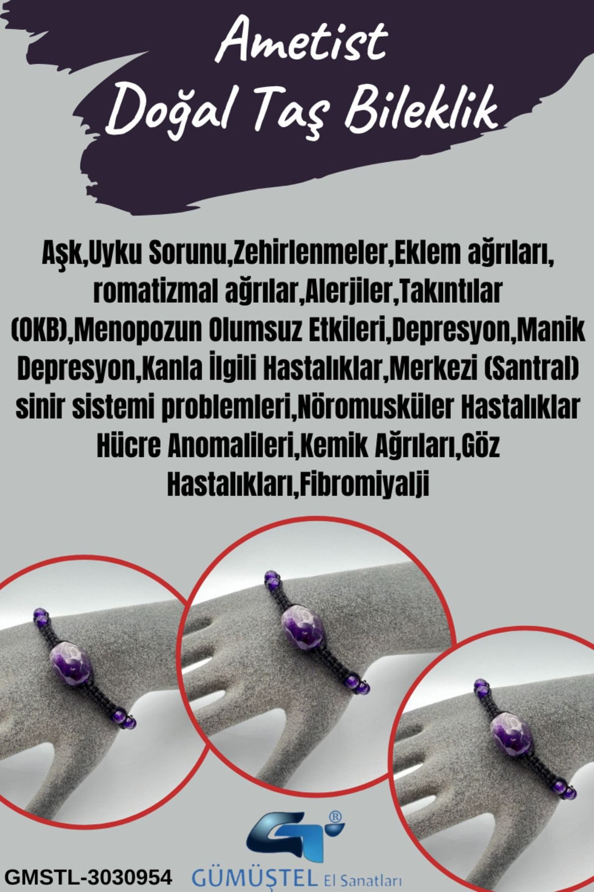 Sertifikalı Ametist Doğal Taş Tasarım Bileklik Aaa Kalite