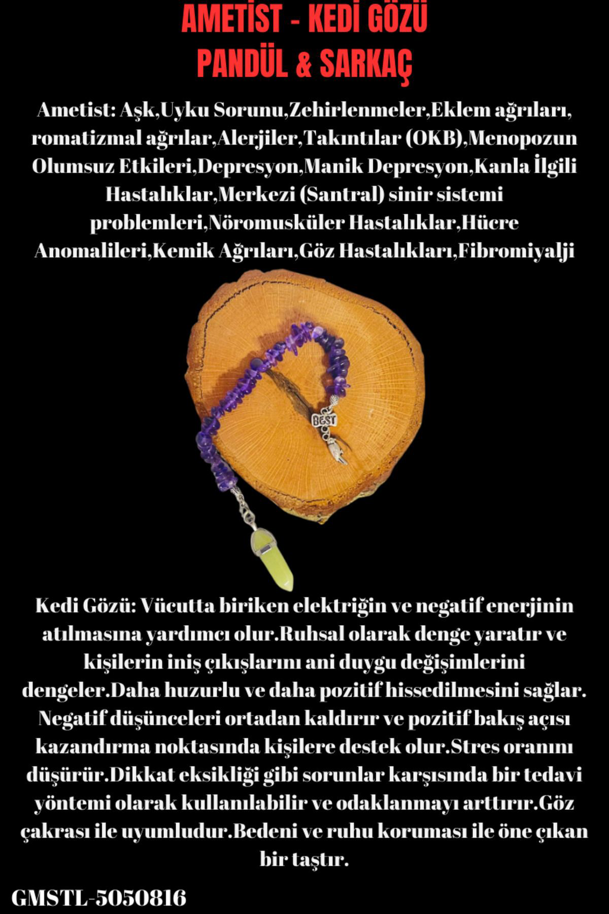 Sertifikalı Ametist & Kedi Gözü Doğal Taş Kolye Pandül Sarkaç AAA