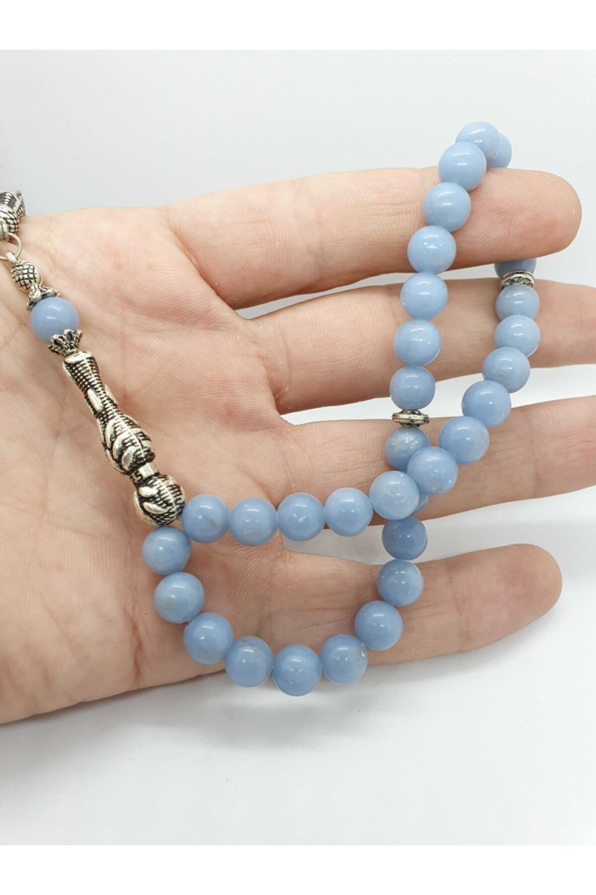 Gümüştel El Sanatlari Sertifikali Anjelit Melek Taşi 8 Mm Orijinal Doğal Taş Tesbih