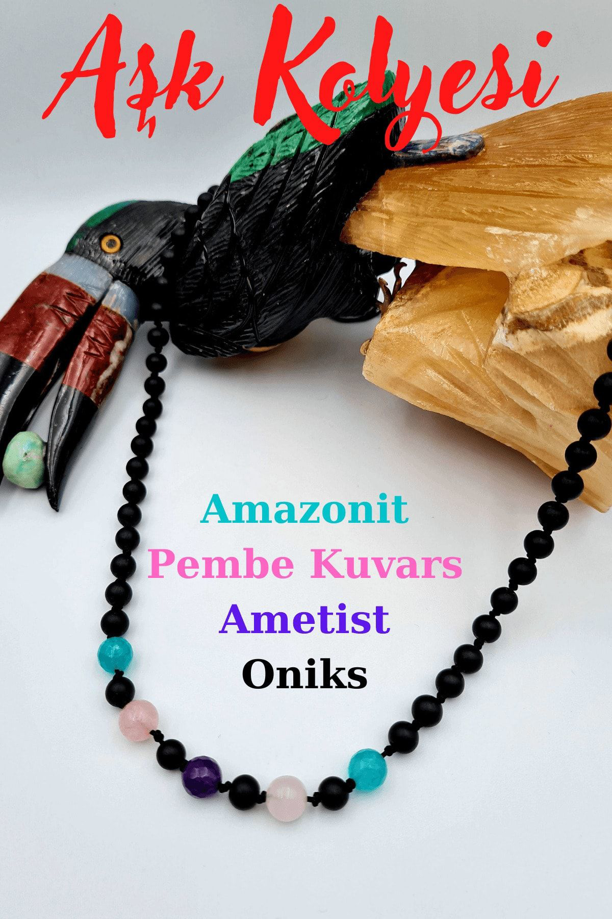 Sertifikalı Aşk Kolyesi Doğal Taş Amazonit Pembe Kuvars Ametist O