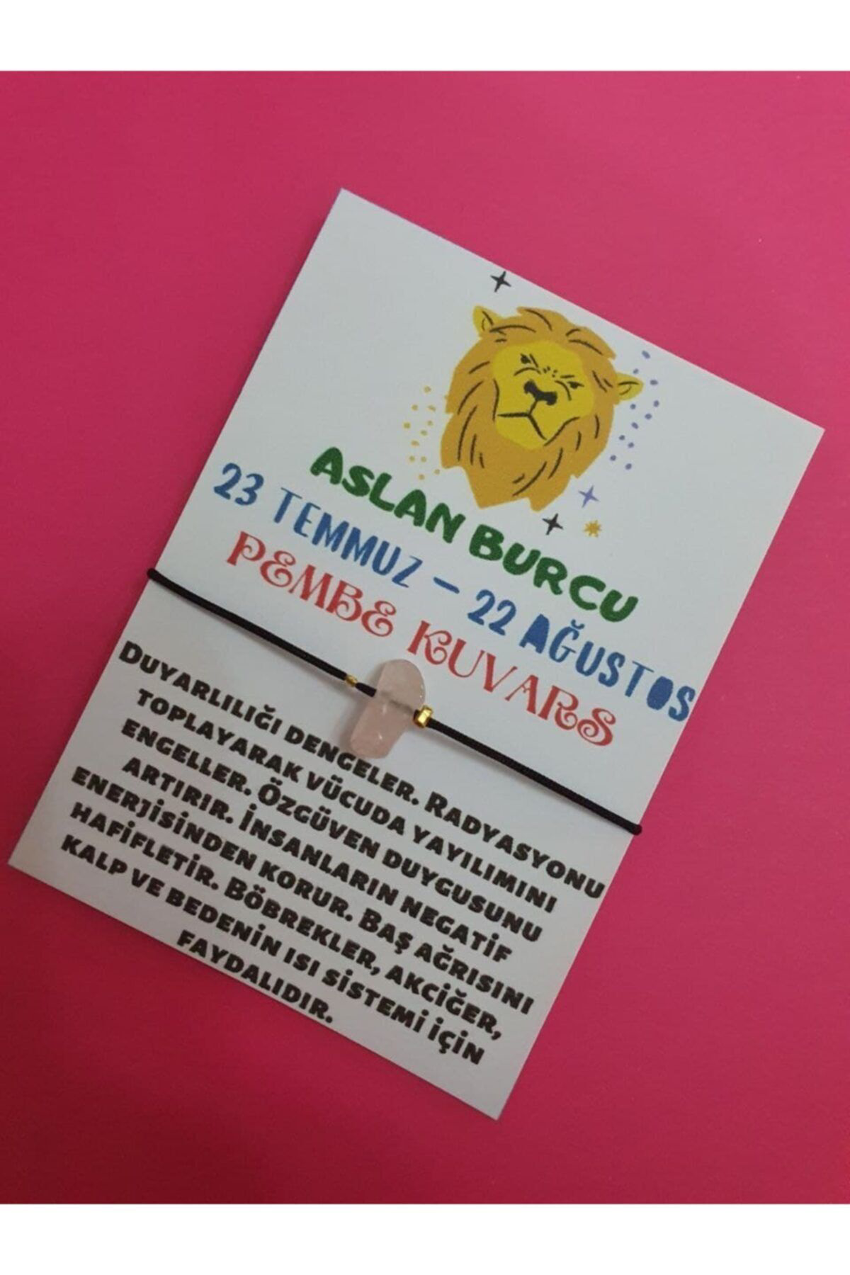 Sertifikalı Aslan Burcu Pembe Kuvars Doğal Taşlı Ip Burç Bilekliğ