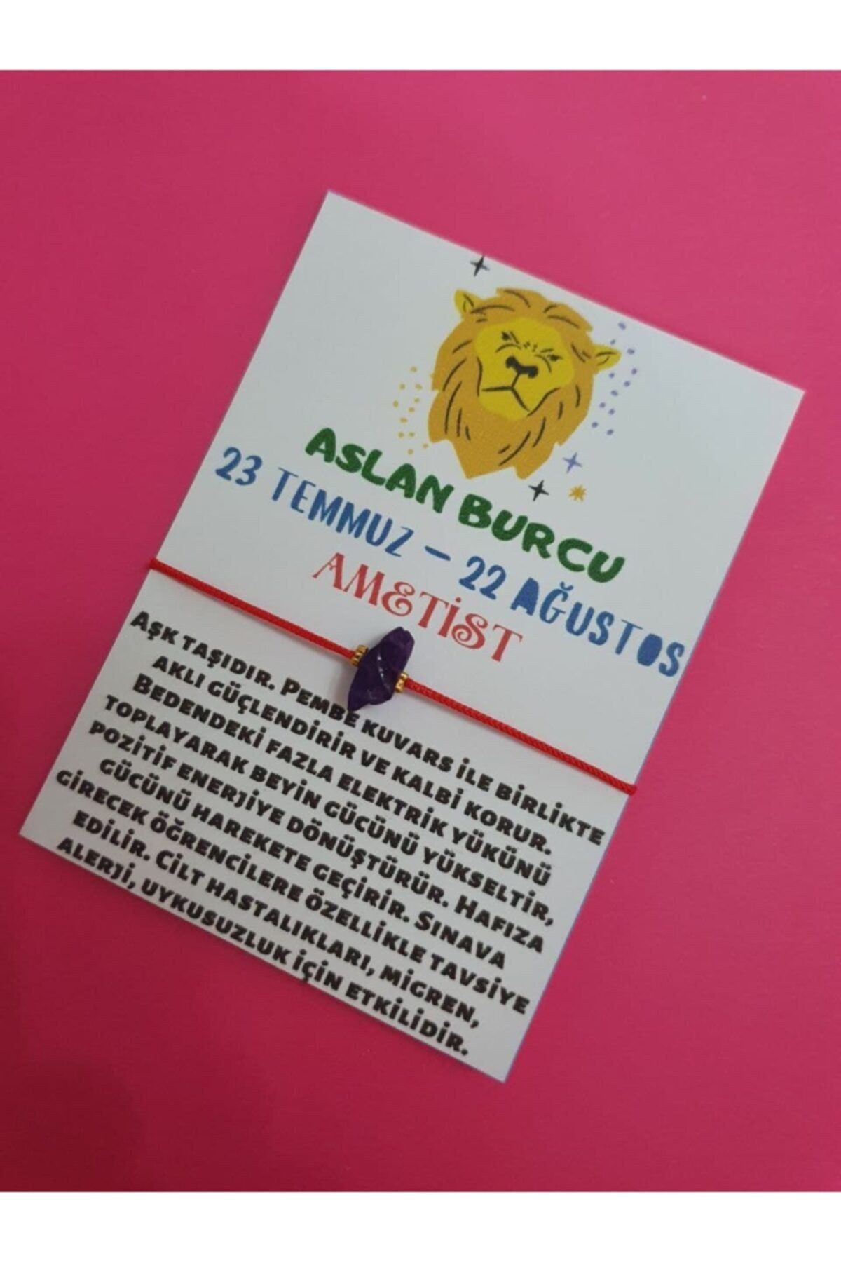 Sertifikalı Aslan Burcu Ametist Doğal Taşlı Ip Burç Bilekliği
