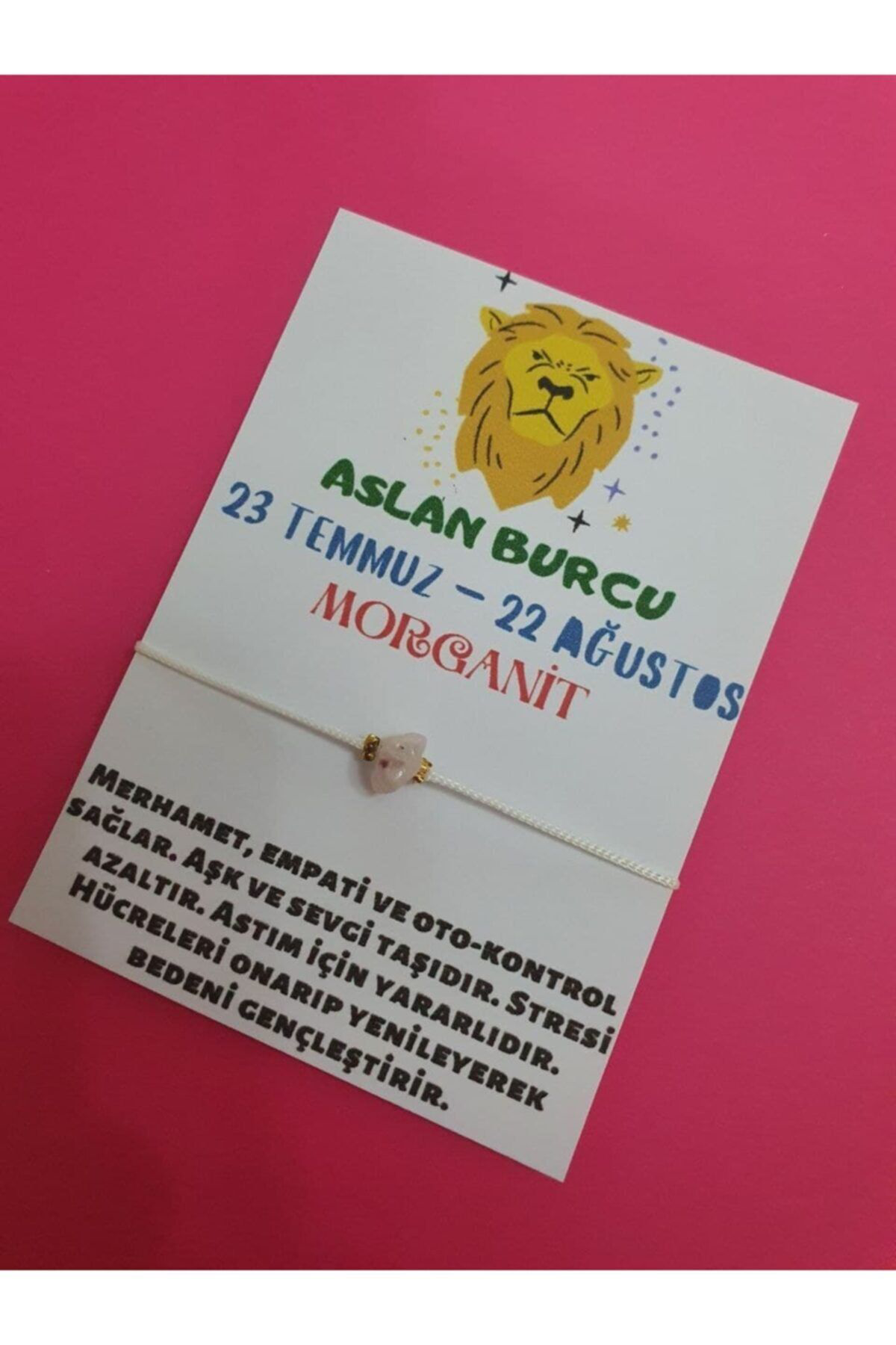 Sertifikalı Aslan Burcu Morganit Doğal Taşlı Ip Burç Bilekliği
