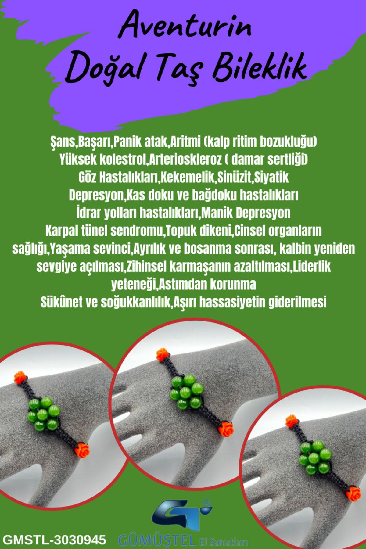 Sertifikalı Aventurin Doğal Taş Bileklik Asansörlü Kilit Sistemi 