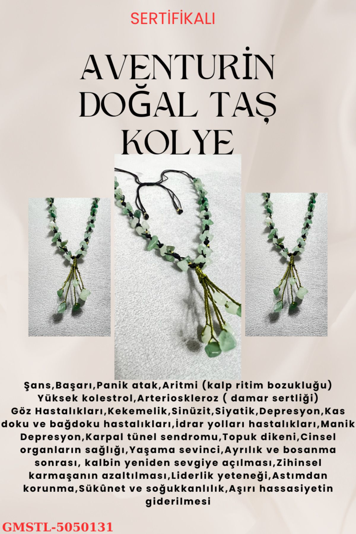 Sertifikalı Aventurin Doğal Taş El Yapımı Tasarım Kolye