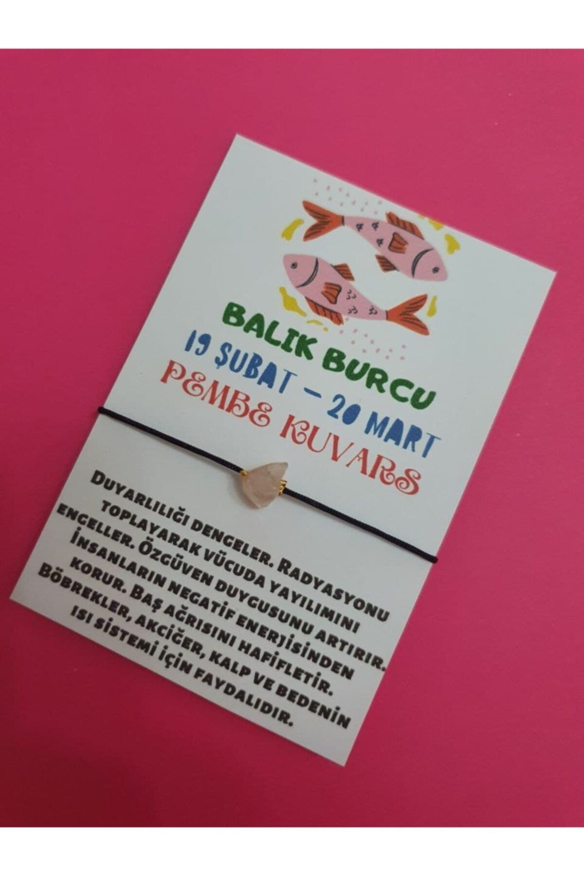 Sertifikalı Balık Burcu Pembe Kuvars Doğal Taşlı Ip Burç Bilekliğ