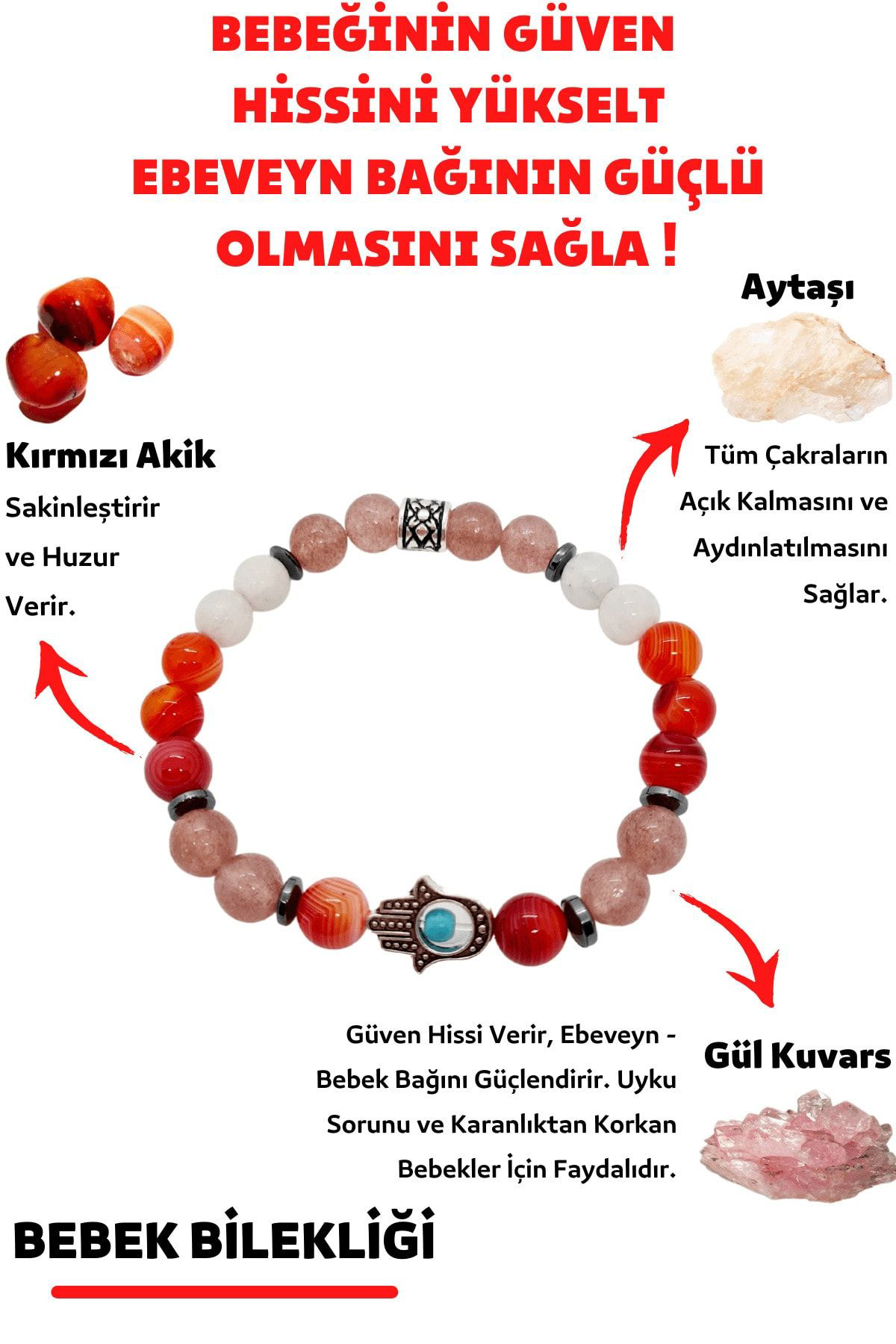 Gümüştel El Sanatlari Sertifikali Bebek Doğal Taş Unisex Tilsim Bilekliği (Aytaşi Gül K