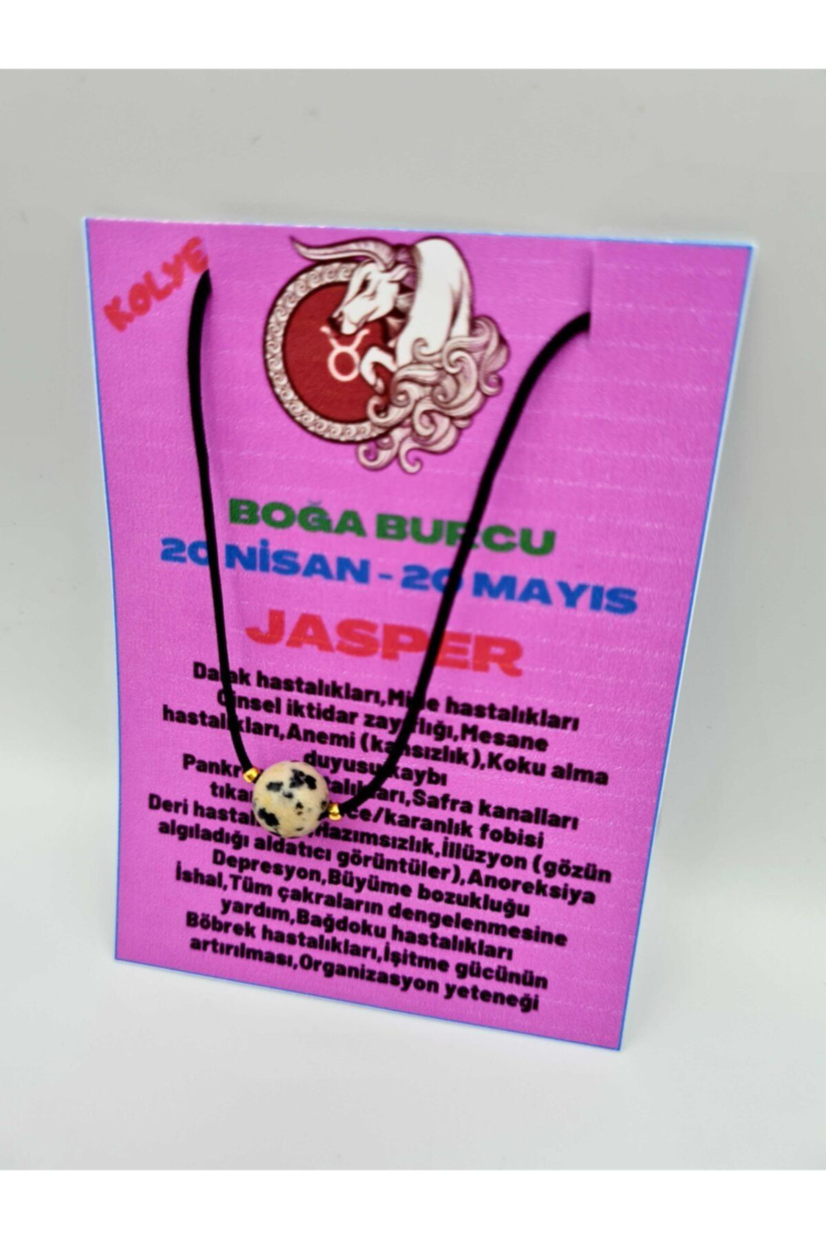 Gümüştel El Sanatlari Sertifikali Boğa Burcu Jasper Taşi Doğal Taş Kolye