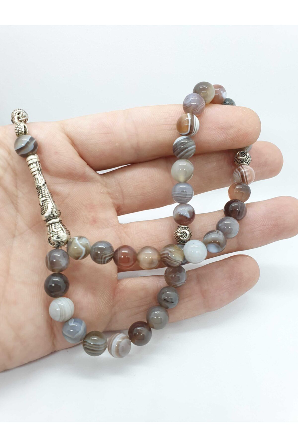 Gümüştel El Sanatlari Sertifikali Bostwana Akik Doğal Taş Tesbih 8 Mm