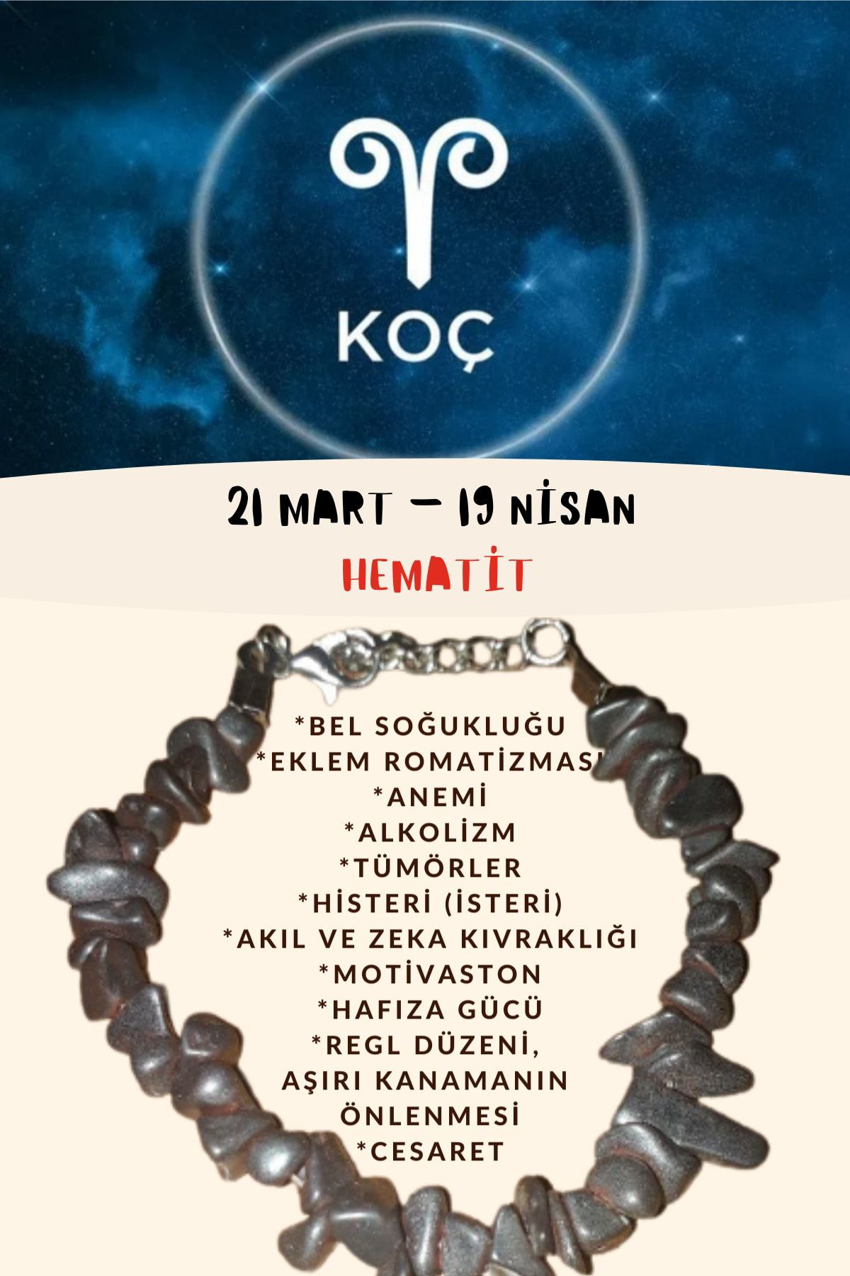 Sertifikalı Burç Taşı Koç Burcu Hematit Taşı Bileklik