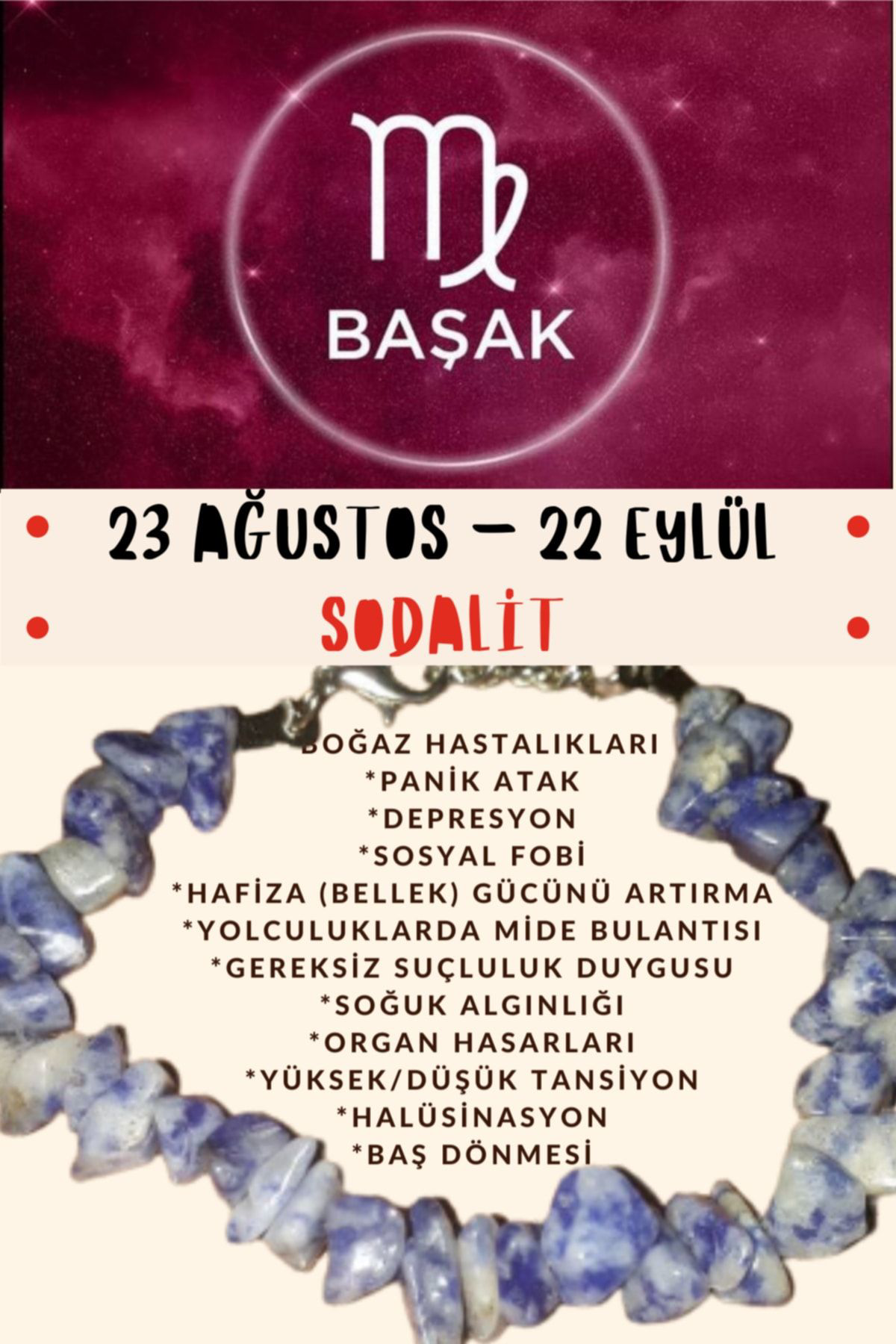 Sertifikalı Burç Taşı Başak Burcu Sodalit Taşı Bileklik