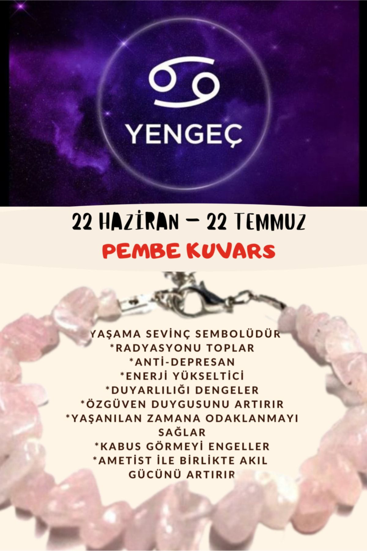 Sertifikalı Burç Taşı Yengeç Burcu Pembe Kuvars Taşı Bileklik
