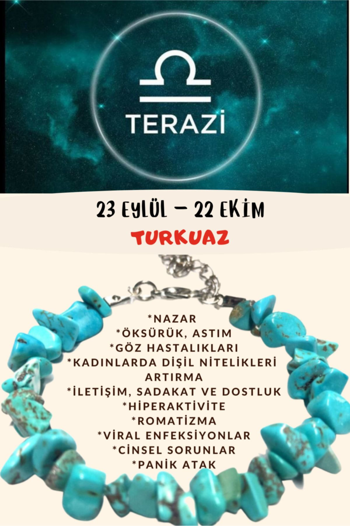 Sertifikalı Burç Taşı Terazi Burcu Turkuaz Taşı Bileklik