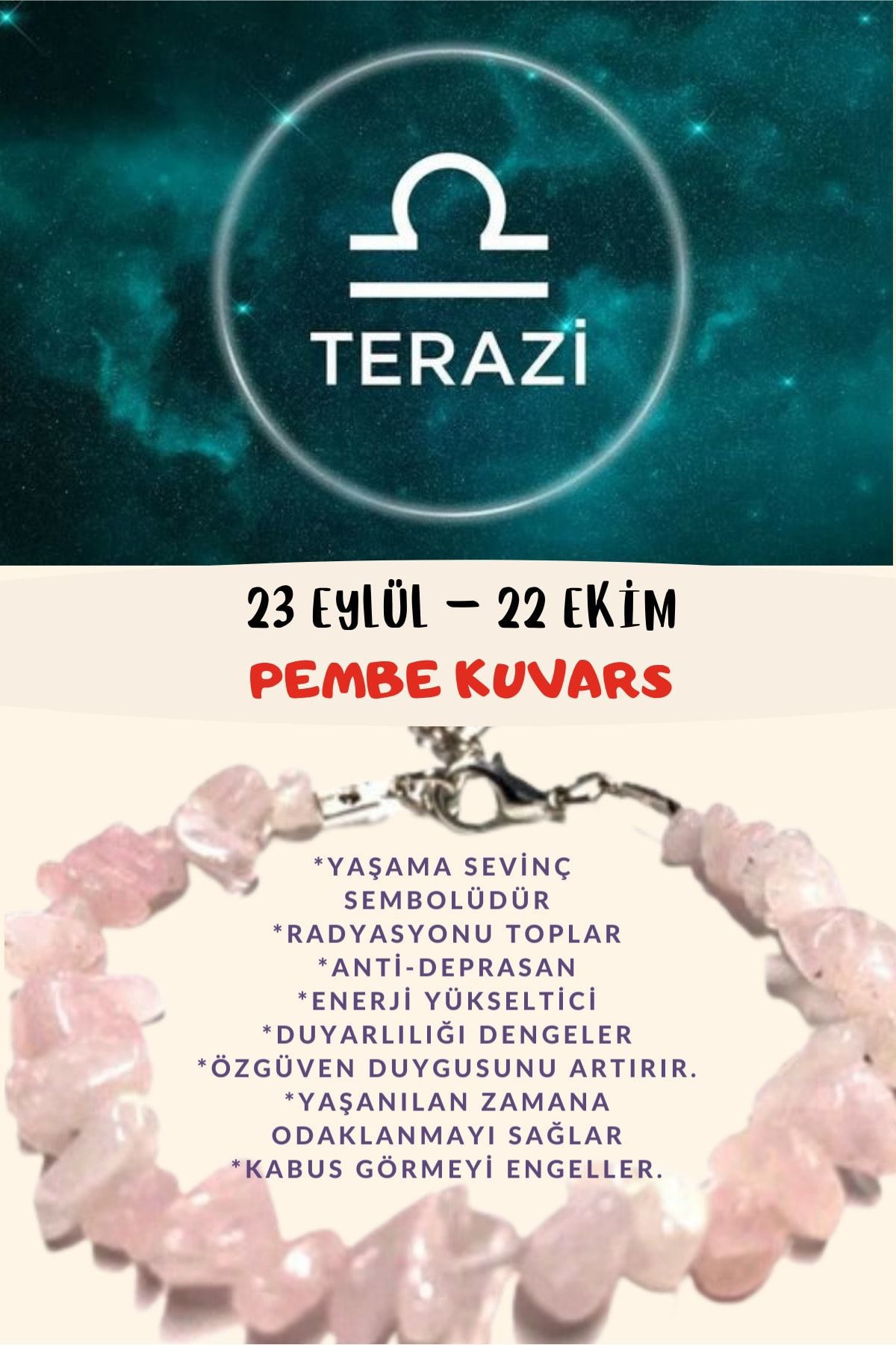 Sertifikalı Burç Taşı Terazi Burcu Pembe Kuvars Taşı Bileklik