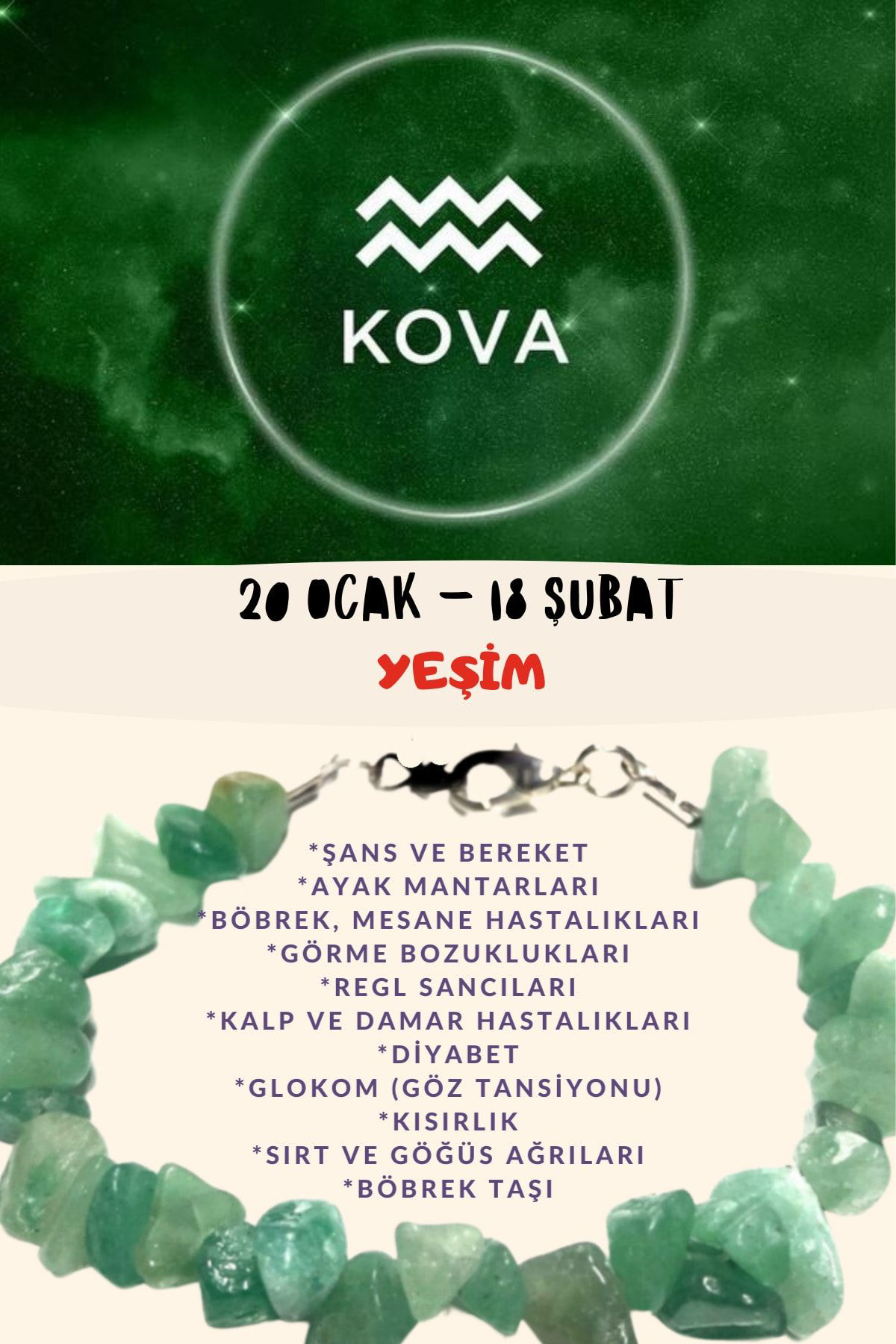 Sertifikalı Burç Taşı Kova Burcu Yeşim Taşı Bileklik