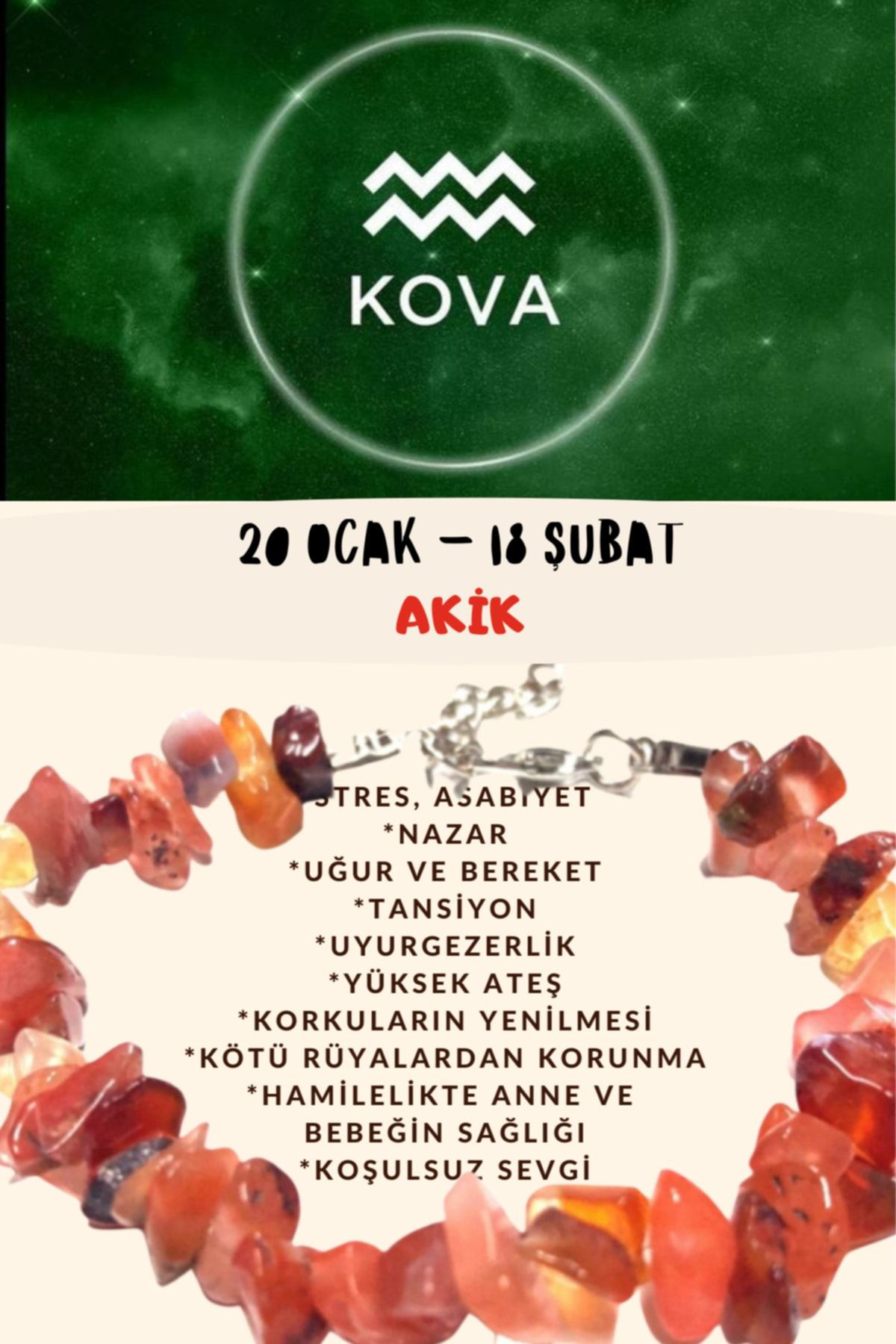 Sertifikalı Burç Taşı Kova Burcu Akik Taşı Bileklik