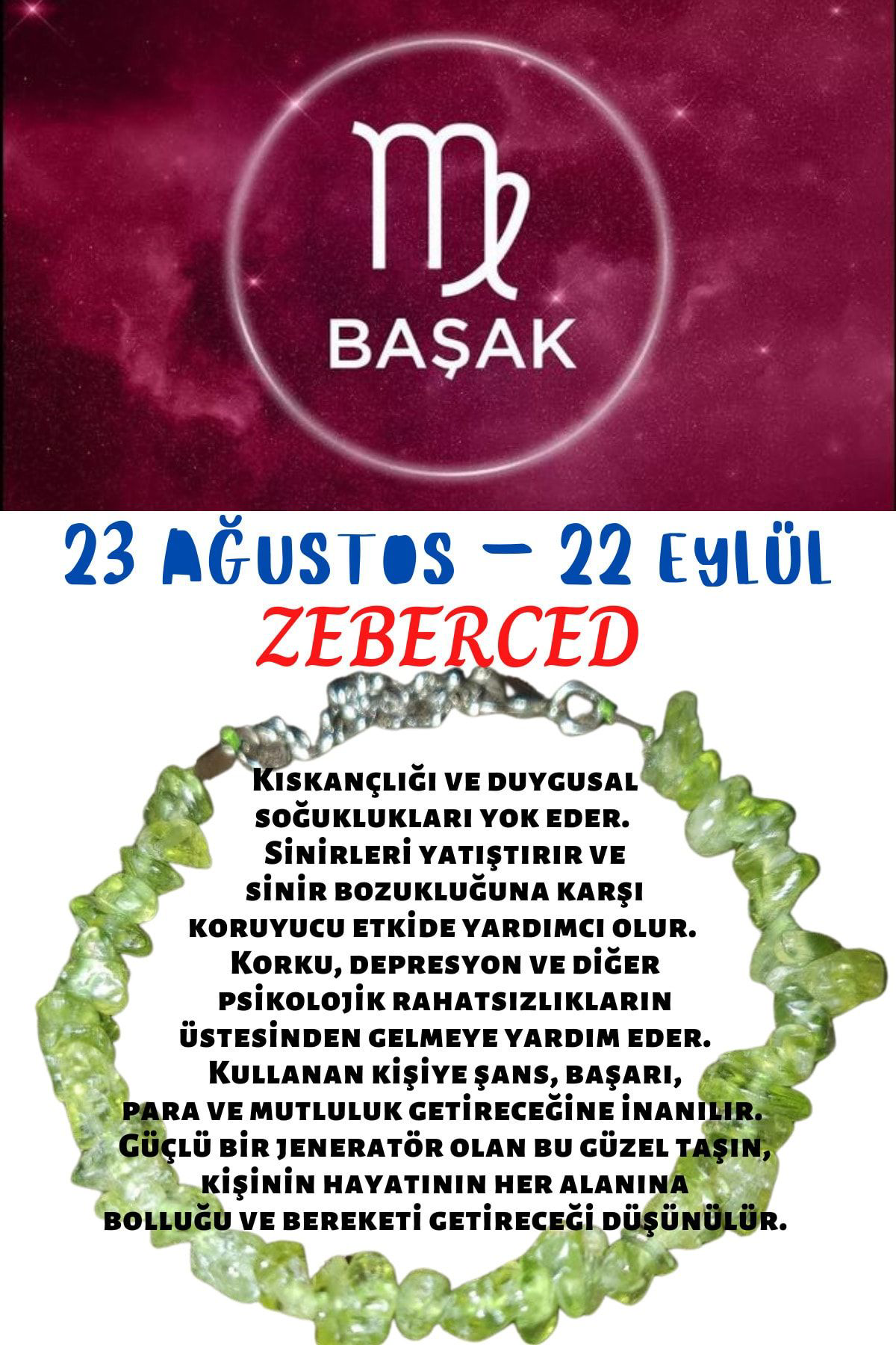 Sertifikalı Burç Taşı Başak Burcu Zeberced Taşı Bileklik