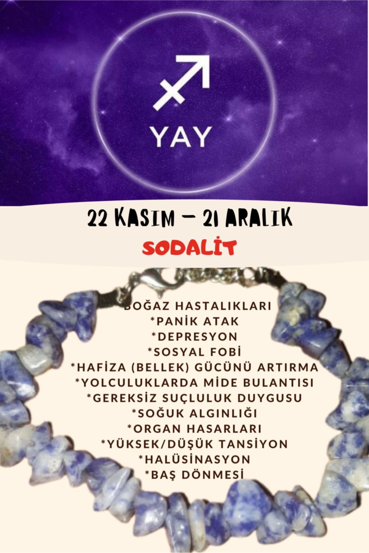 Sertifikalı Burç Taşı Yay Burcu Sodalit Taşı Bileklik